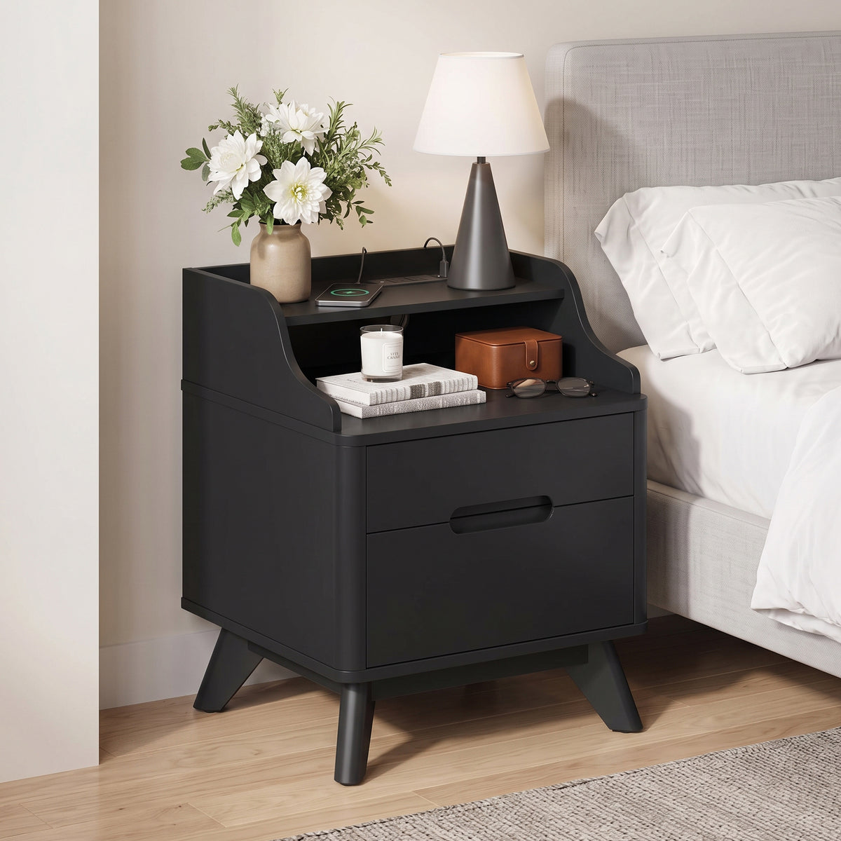 SOLACE FURNITURE 2 Drawers Nightstand with Charging Station, Night stand with Open Shelves for Bedroom
