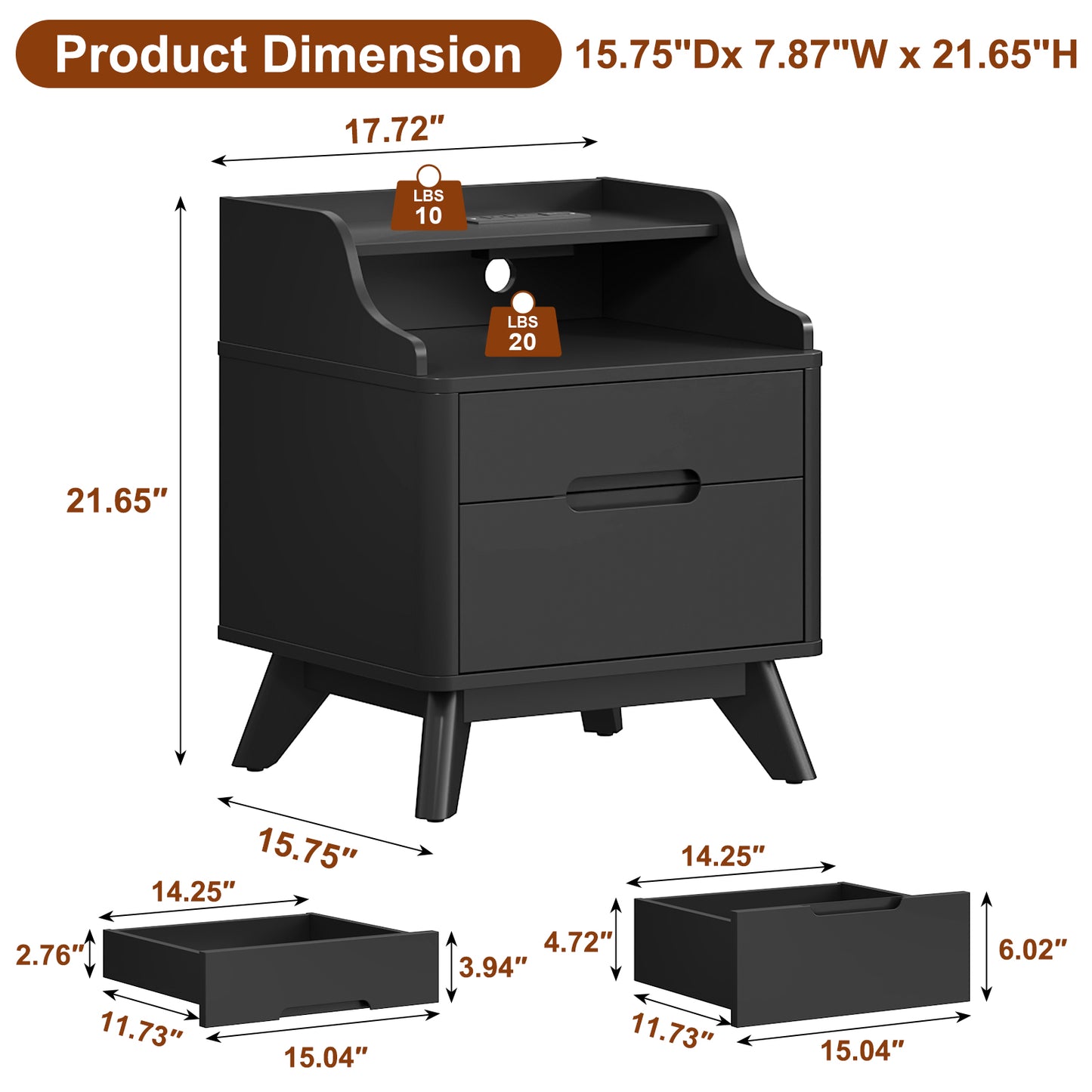 2 Drawers Nightstand with Charging Station, 21" Nightstand with Open Shelves for Bedroom