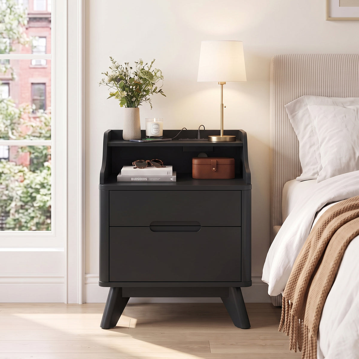 SOLACE FURNITURE 2 Drawers Nightstand with Charging Station, Night stand with Open Shelves for Bedroom