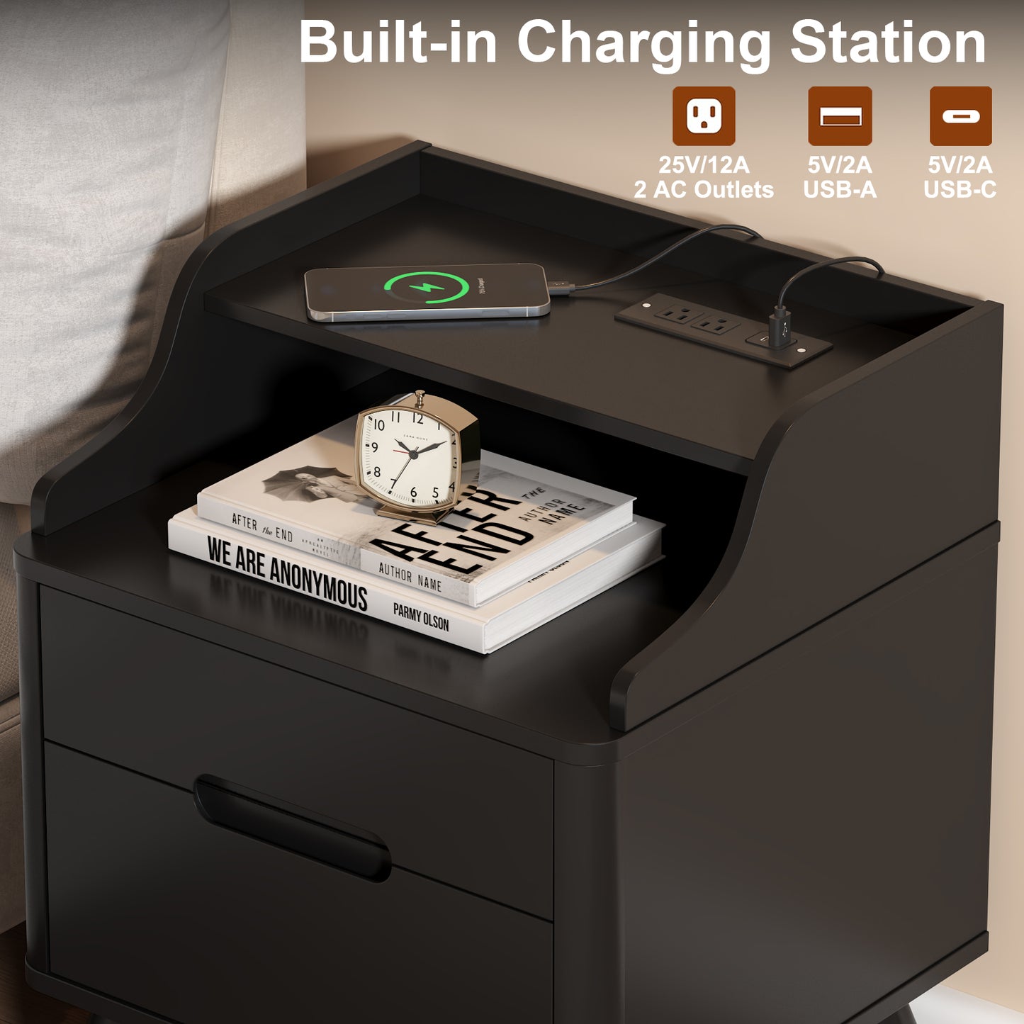 2 Drawers Nightstand with Charging Station, 21" Nightstand with Open Shelves for Bedroom