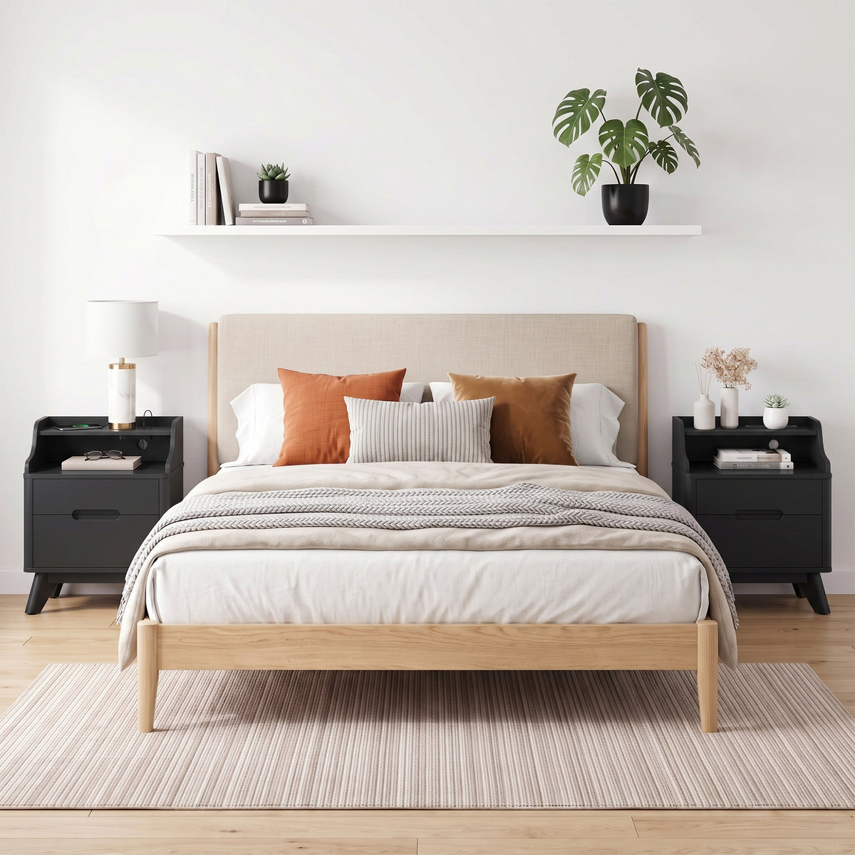 SOLACE FURNITURE 2 Drawers Nightstand with Charging Station, Night stand with Open Shelves for Bedroom