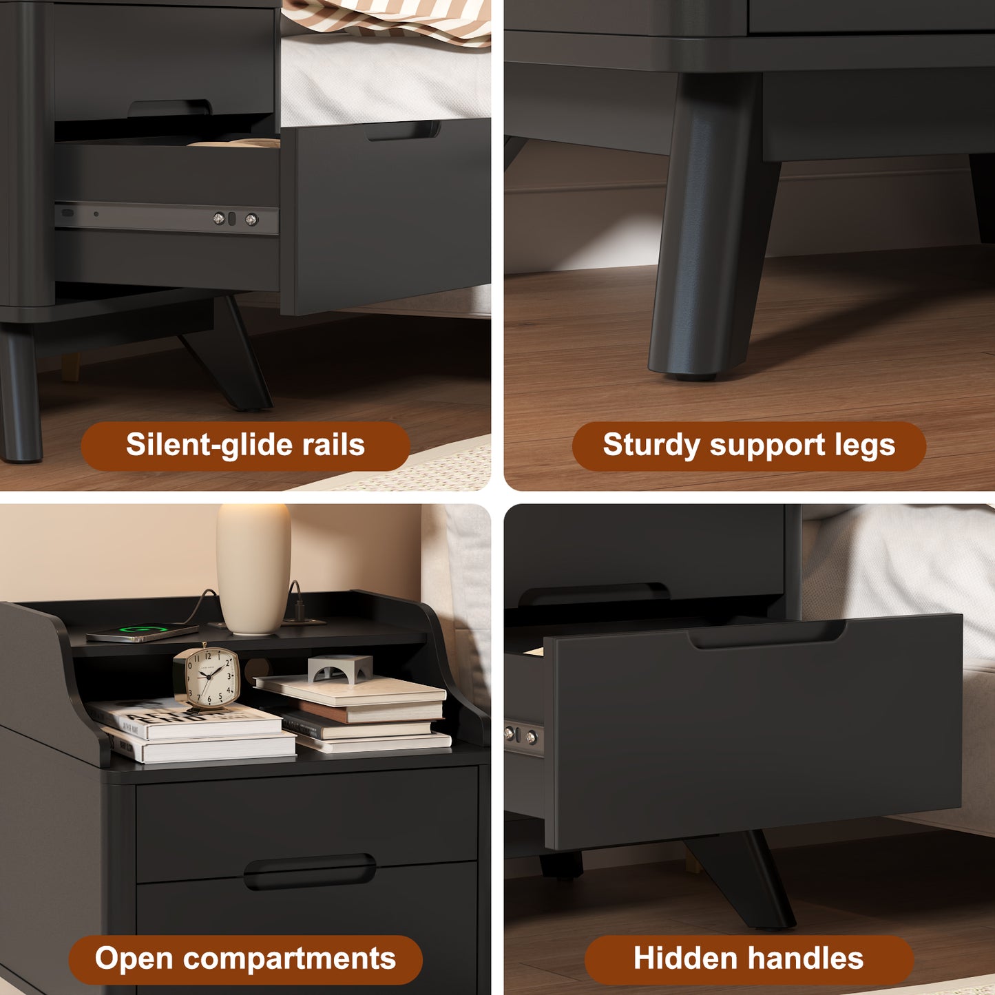 2 Drawers Nightstand with Charging Station, 21" Nightstand with Open Shelves for Bedroom