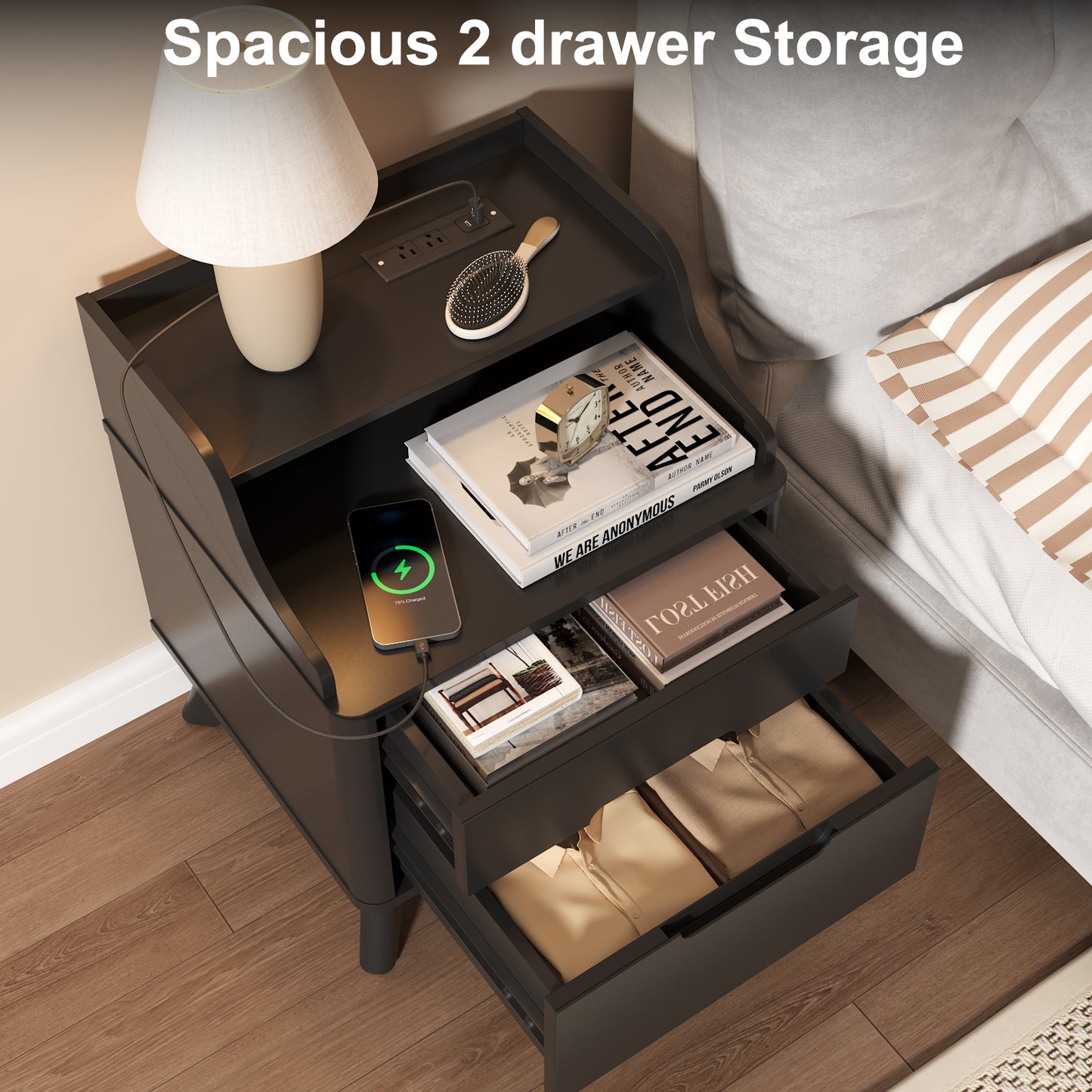 2 Drawers Nightstand with Charging Station, 21" Nightstand with Open Shelves for Bedroom