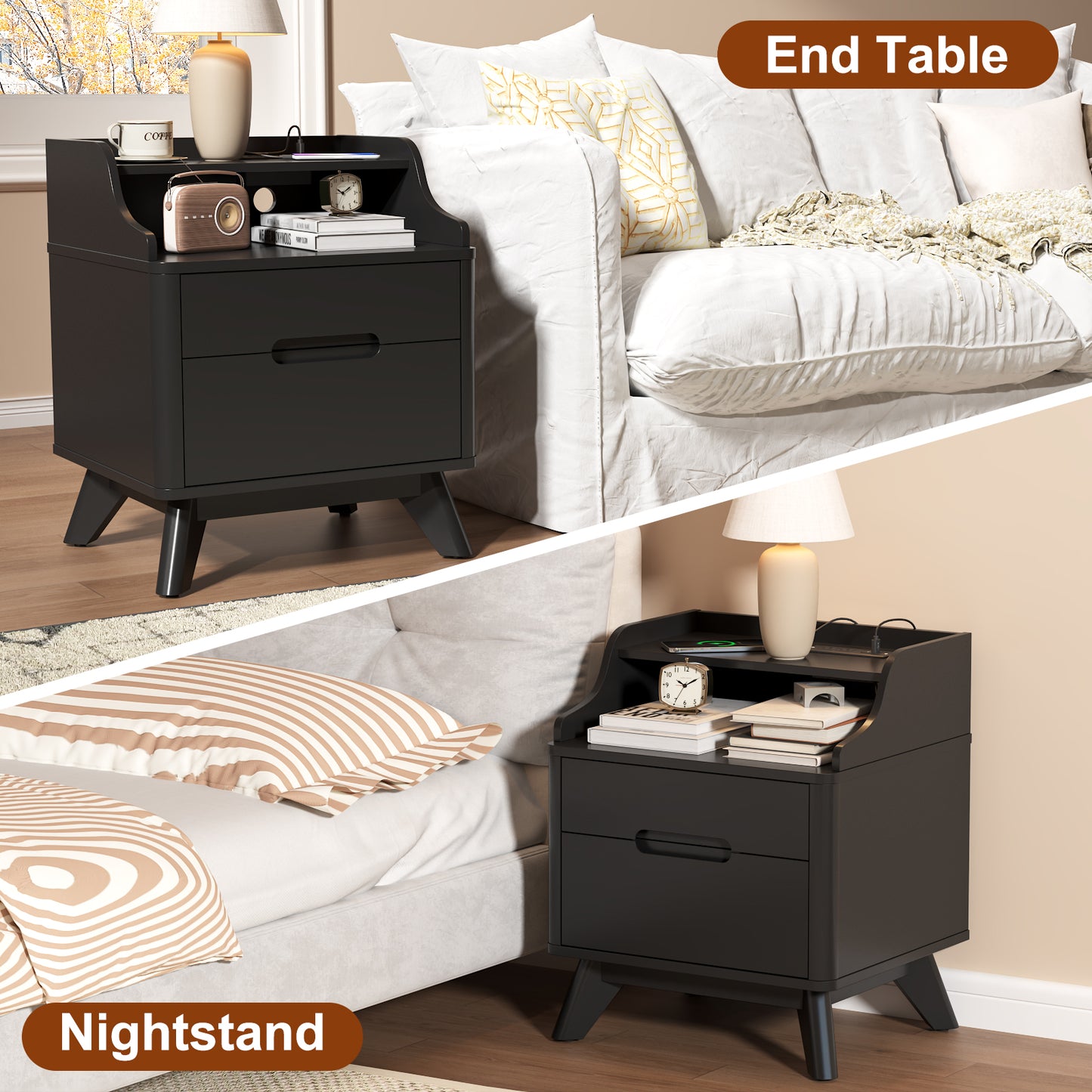 2 Drawers Nightstand with Charging Station, 21" Nightstand with Open Shelves for Bedroom