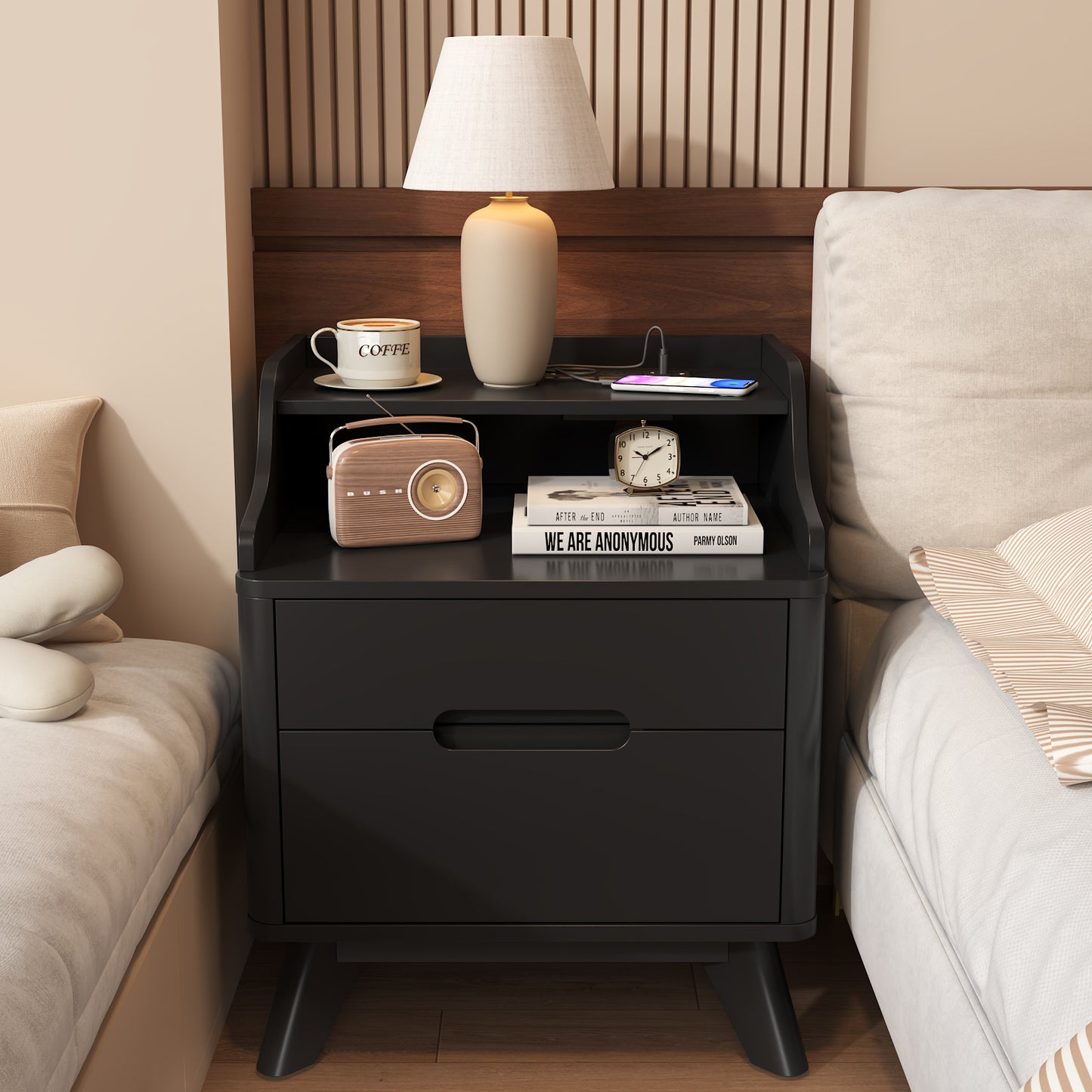 2 Drawers Nightstand with Charging Station, 21" Nightstand with Open Shelves for Bedroom