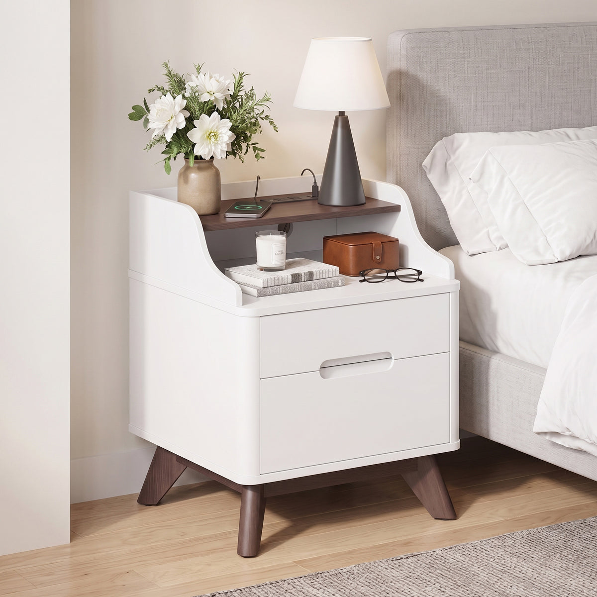 SOLACE FURNITURE 2 Drawers Nightstand with Charging Station, Night stand with Open Shelves for Bedroom
