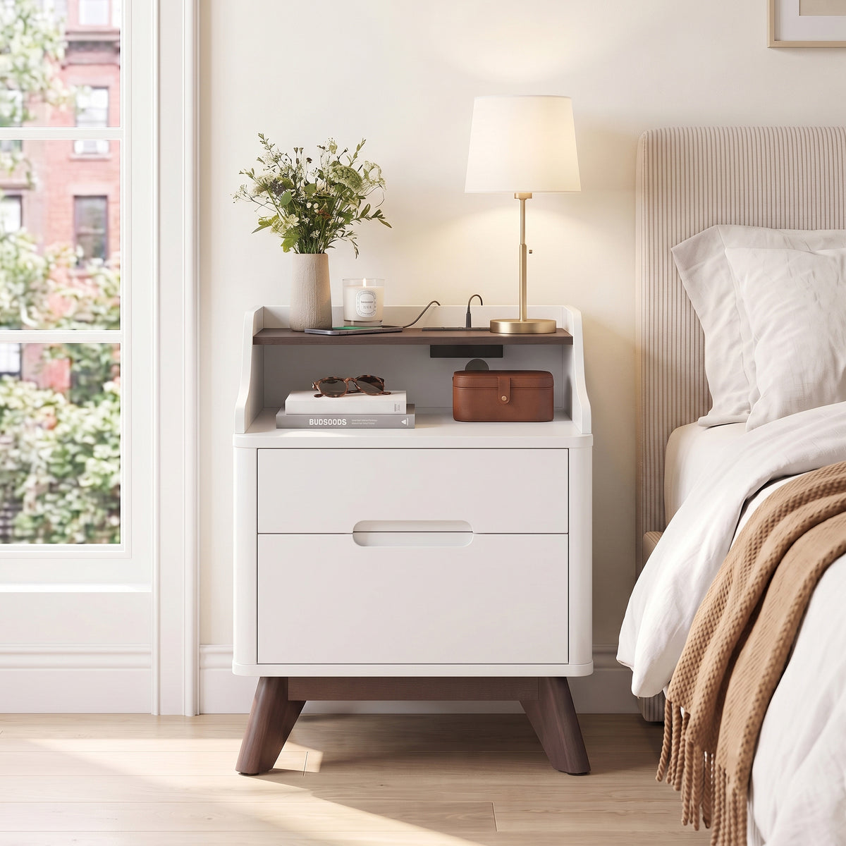 SOLACE FURNITURE 2 Drawers Nightstand with Charging Station, Night stand with Open Shelves for Bedroom