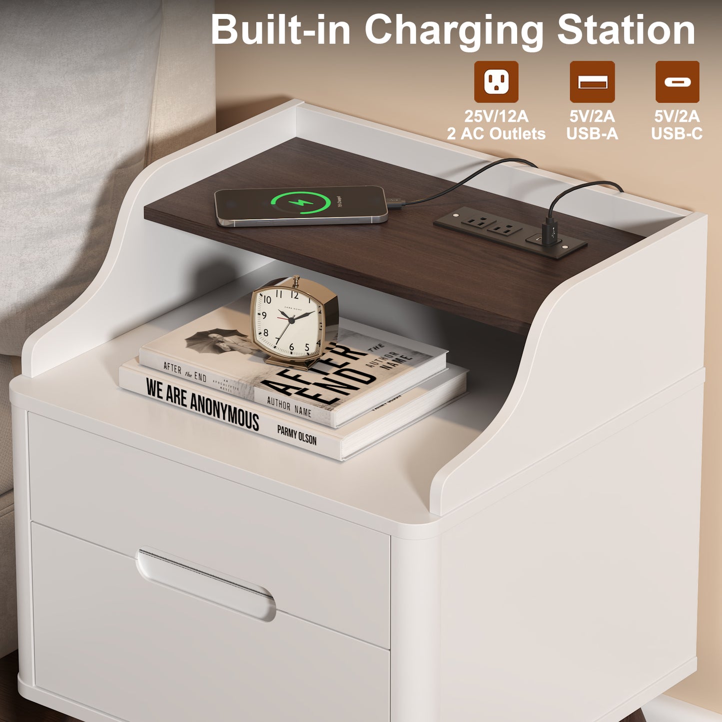 2 Drawers Nightstand with Charging Station, 21" Nightstand with Open Shelves for Bedroom