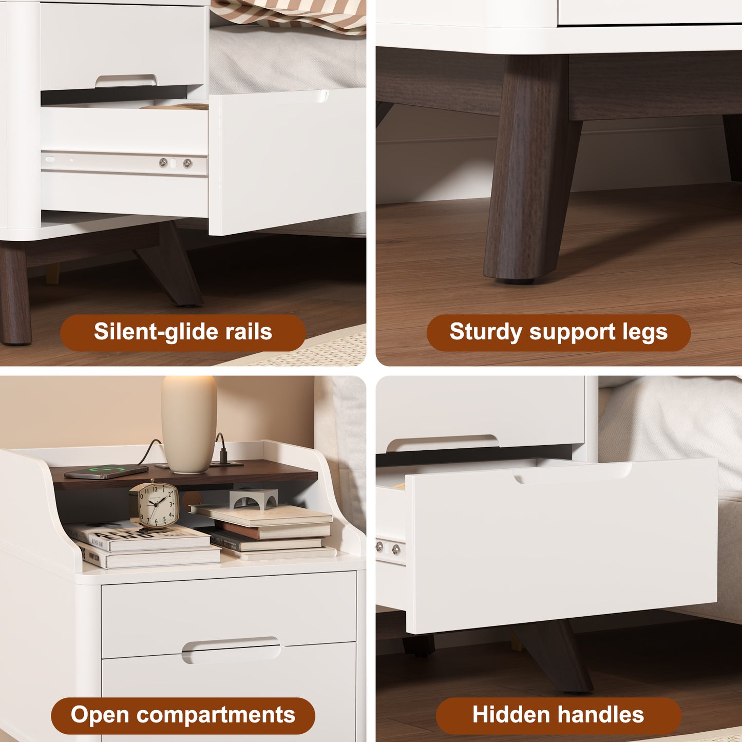 2 Drawers Nightstand with Charging Station, 21" Nightstand with Open Shelves for Bedroom