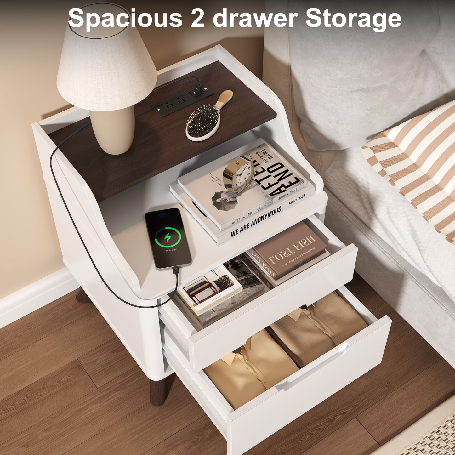 2 Drawers Nightstand with Charging Station, 21" Nightstand with Open Shelves for Bedroom
