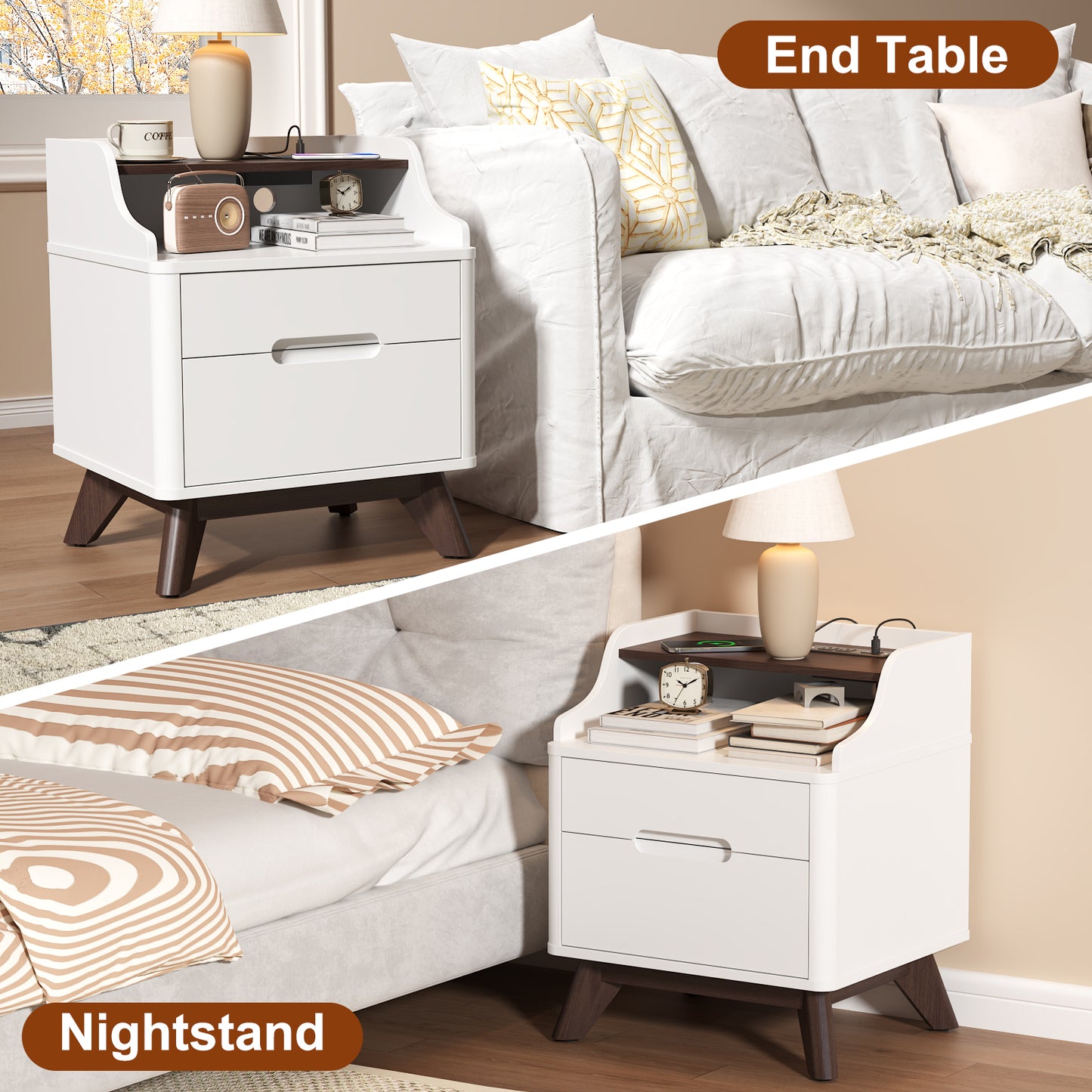 2 Drawers Nightstand with Charging Station, 21" Nightstand with Open Shelves for Bedroom