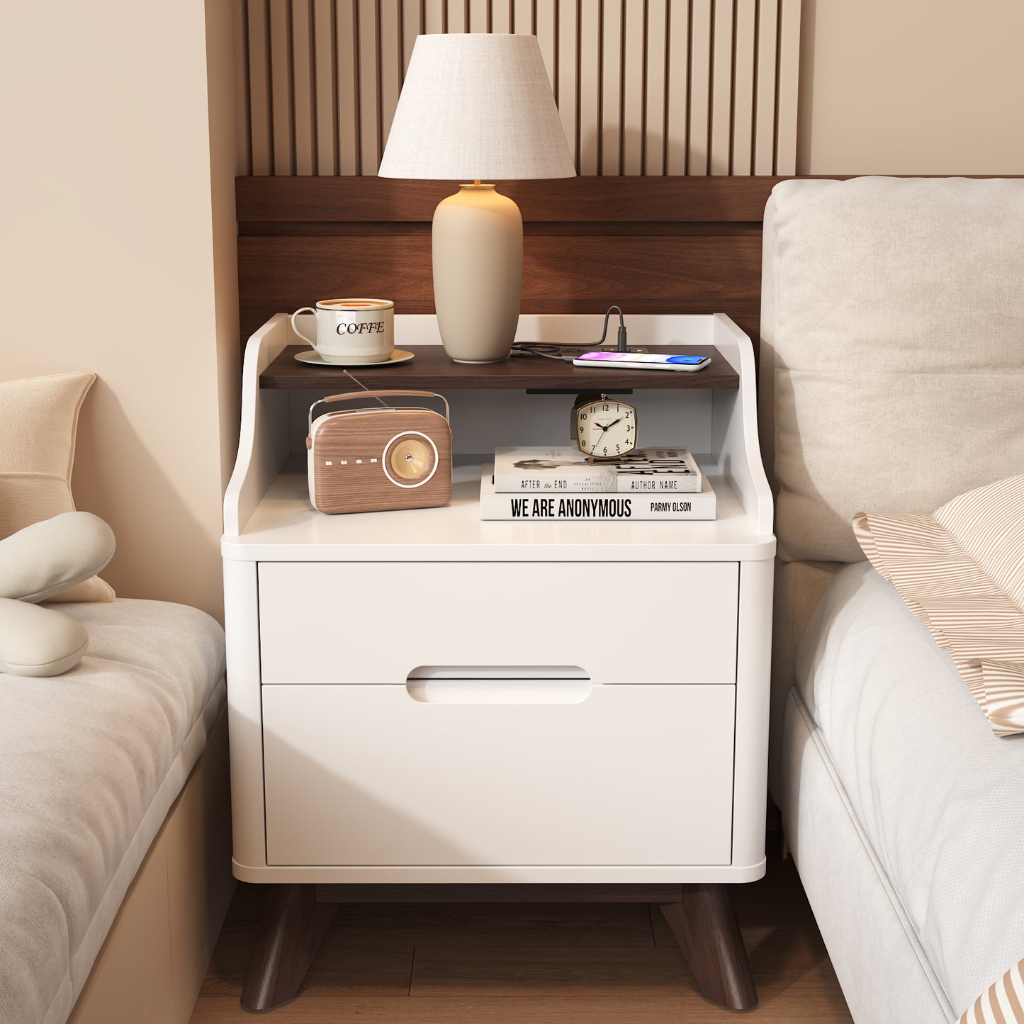 2 Drawers Nightstand with Charging Station, 21" Nightstand with Open Shelves for Bedroom