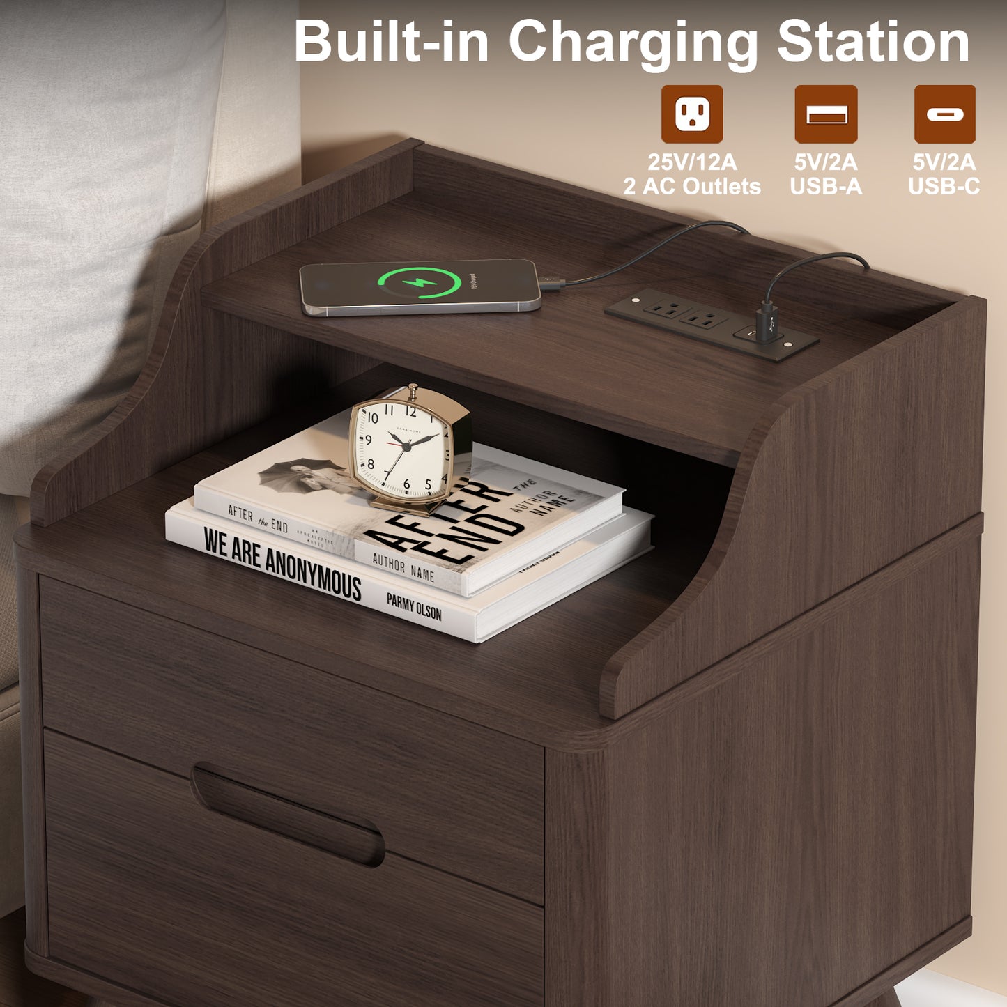 2 Drawers Nightstand with Charging Station, 21" Nightstand with Open Shelves for Bedroom