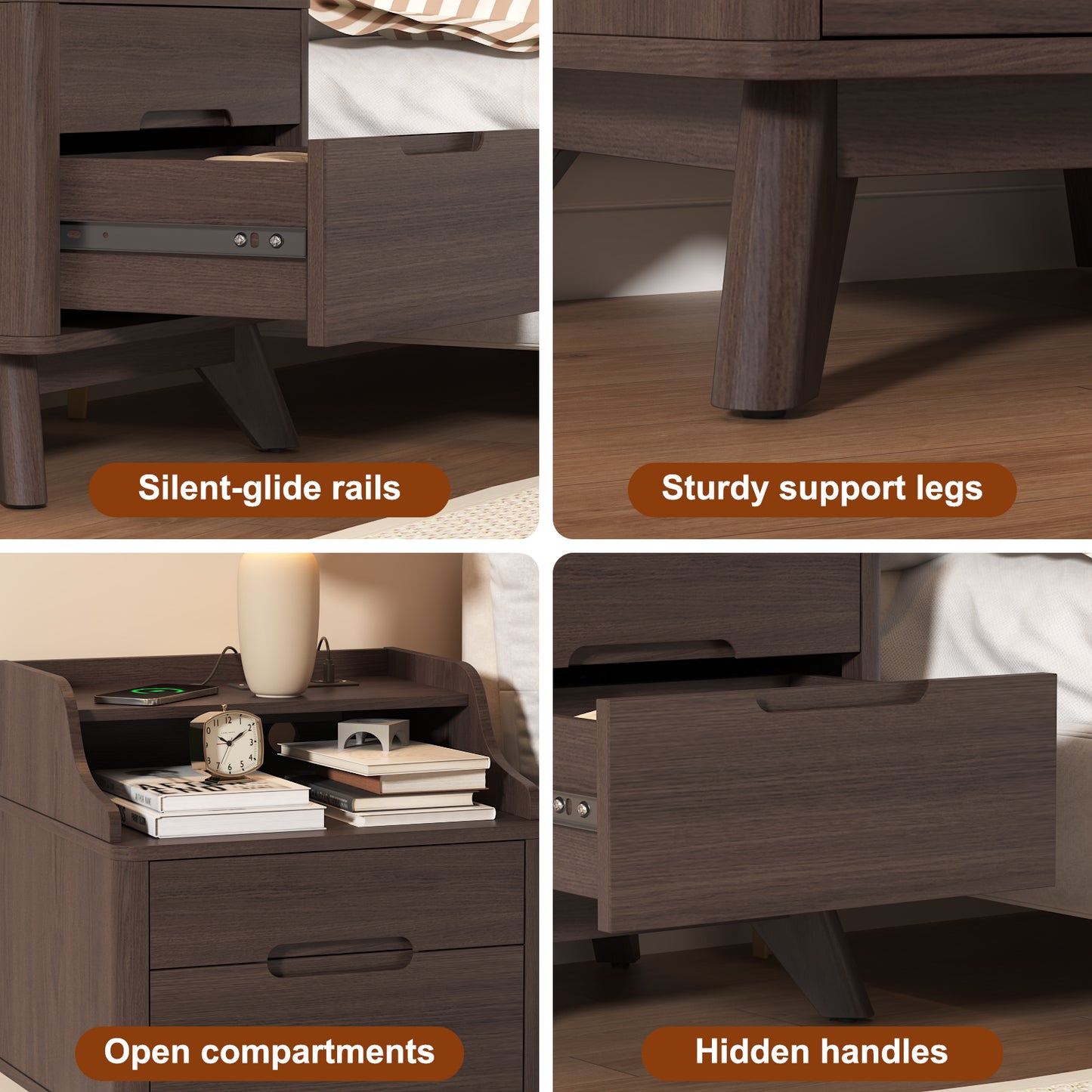 2 Drawers Nightstand with Charging Station, 21" Nightstand with Open Shelves for Bedroom