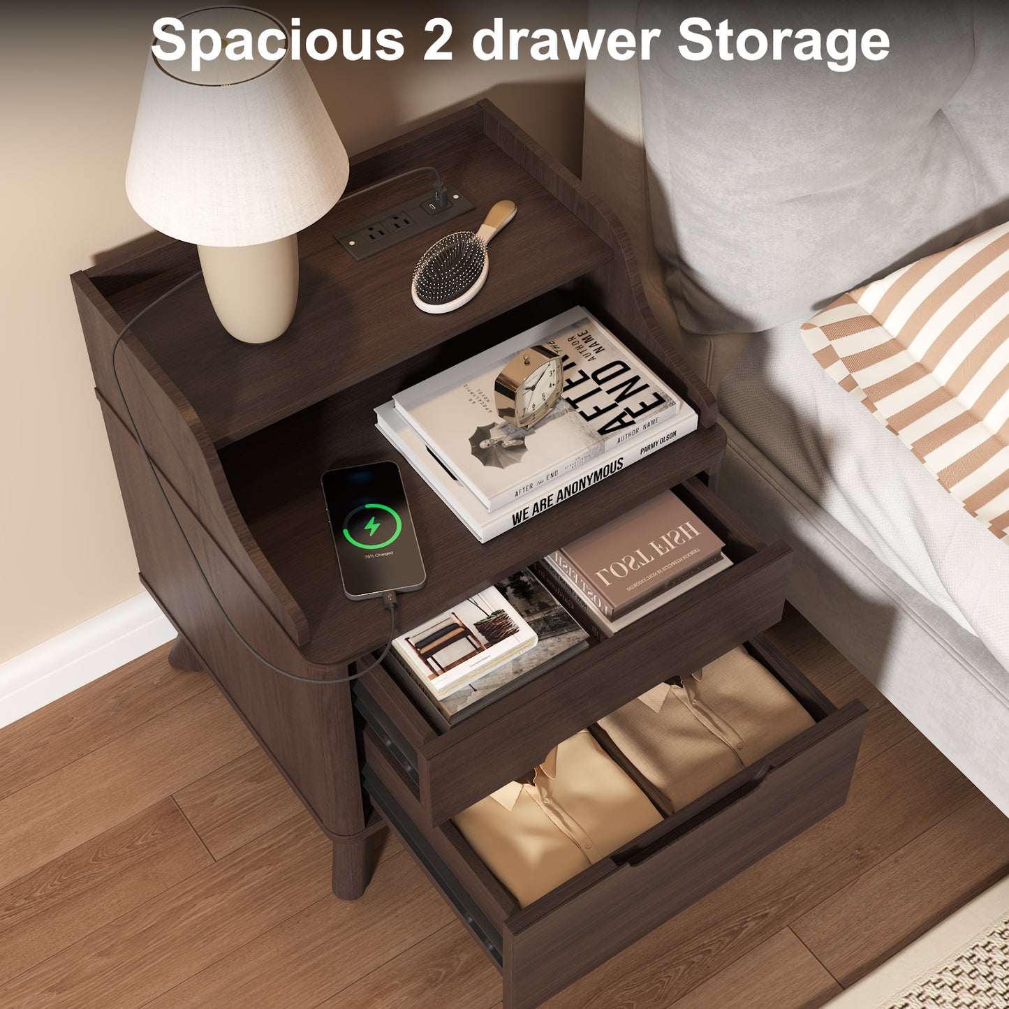 2 Drawers Nightstand with Charging Station, 21" Nightstand with Open Shelves for Bedroom