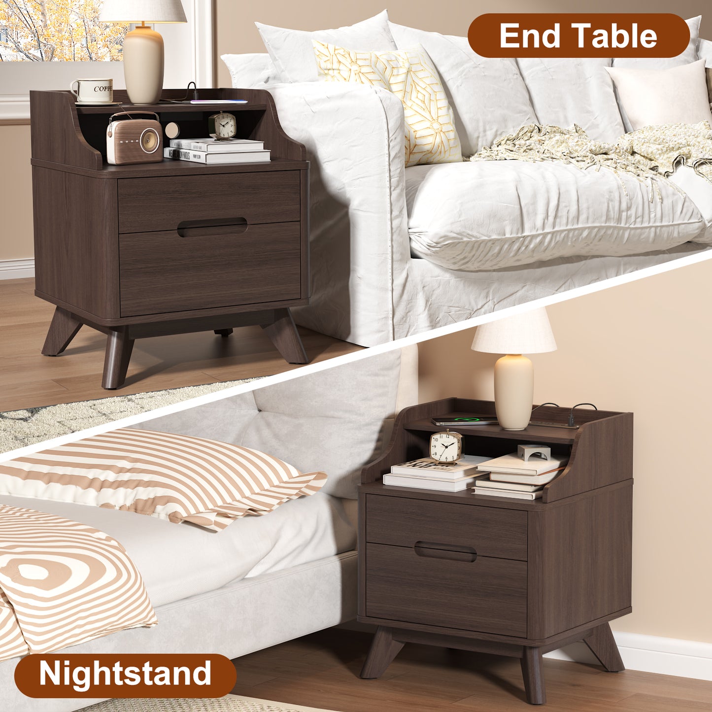 2 Drawers Nightstand with Charging Station, 21" Nightstand with Open Shelves for Bedroom