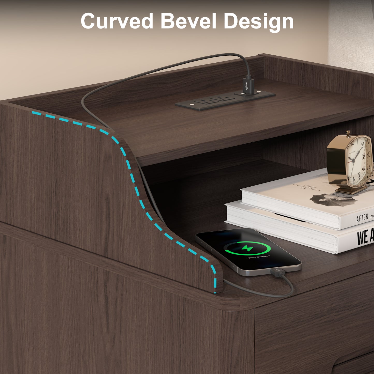 2 Drawers Nightstand with Charging Station, 21" Nightstand with Open Shelves for Bedroom