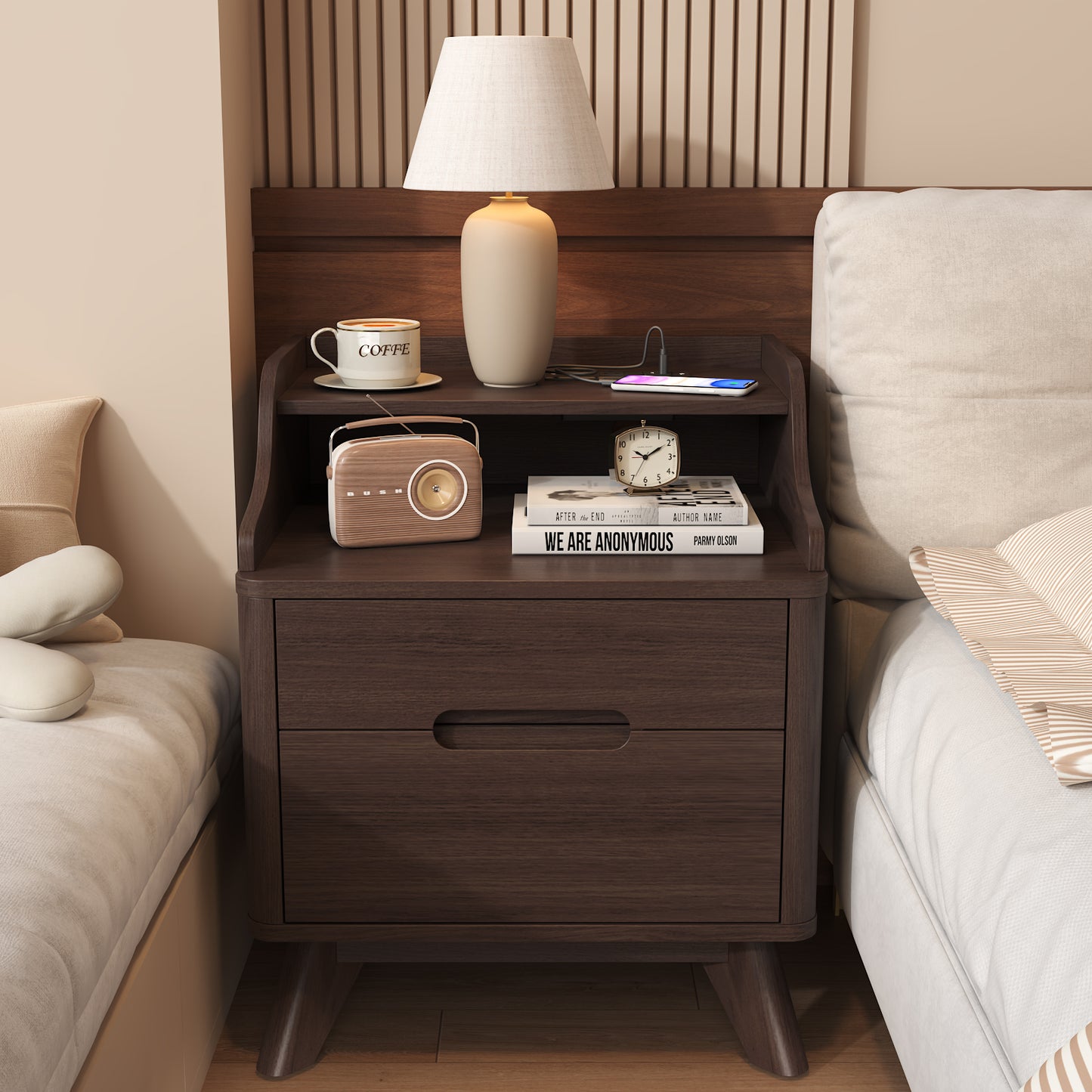 2 Drawers Nightstand with Charging Station, 21" Nightstand with Open Shelves for Bedroom