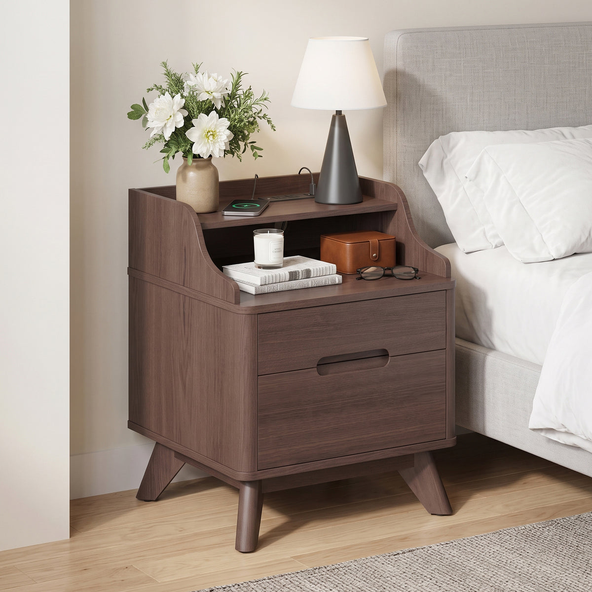 SOLACE FURNITURE 2 Drawers Nightstand with Charging Station, Night stand with Open Shelves for Bedroom