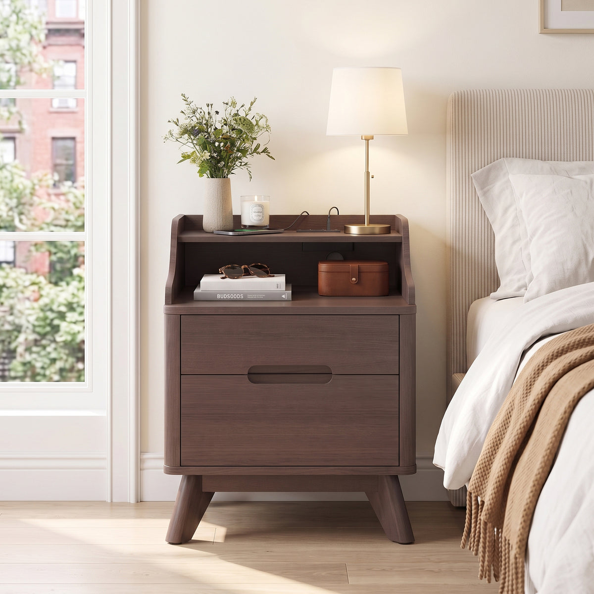 SOLACE FURNITURE 2 Drawers Nightstand with Charging Station, Night stand with Open Shelves for Bedroom