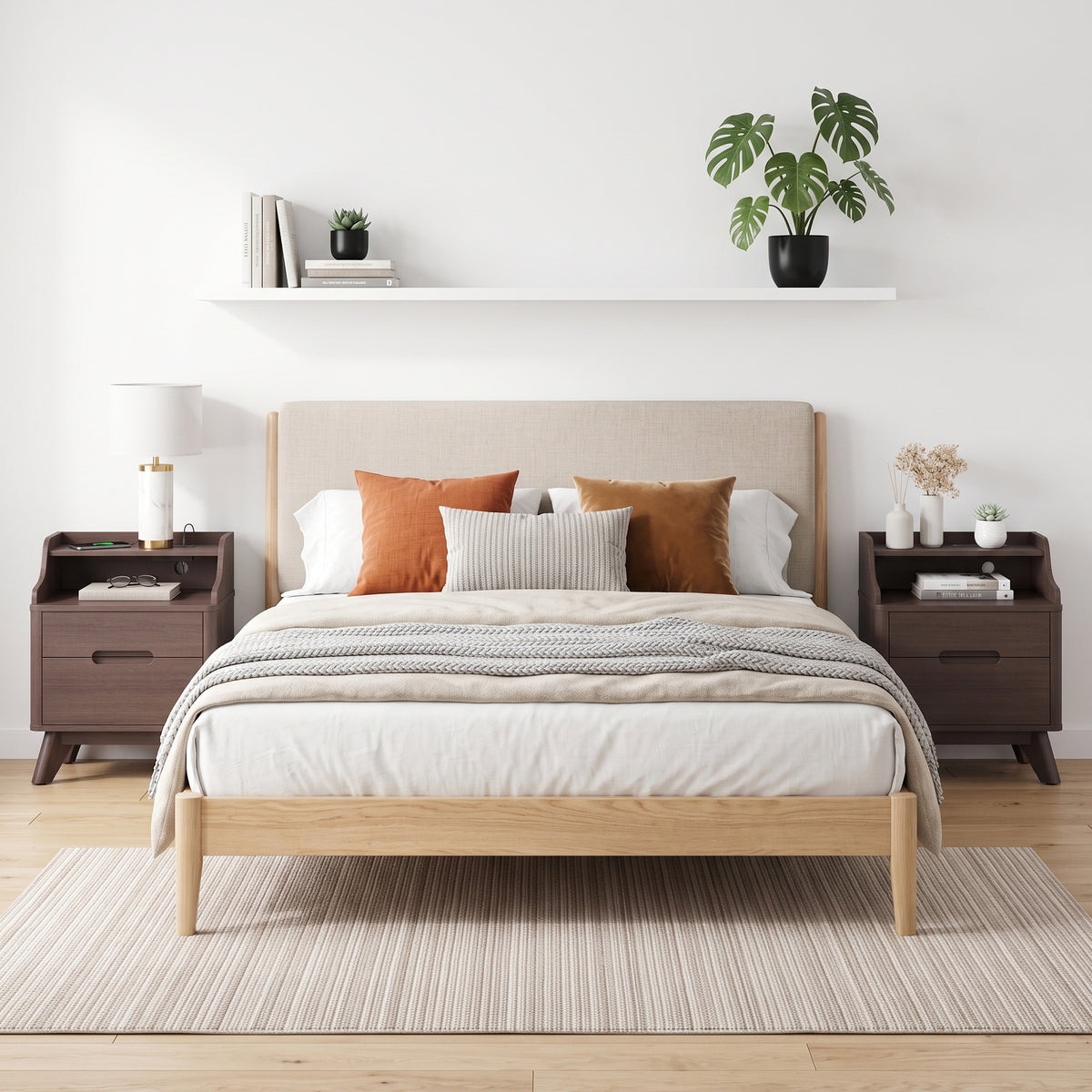 SOLACE FURNITURE 2 Drawers Nightstand with Charging Station, Night stand with Open Shelves for Bedroom
