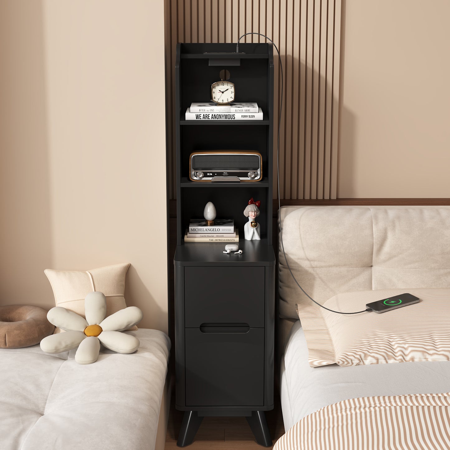 Tall Nightstand with Charging Station,Modern End Bedside Table for Bedroom