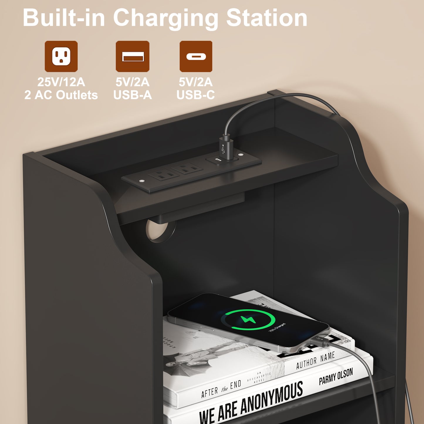 Tall Nightstand with Charging Station,Modern End Bedside Table for Bedroom