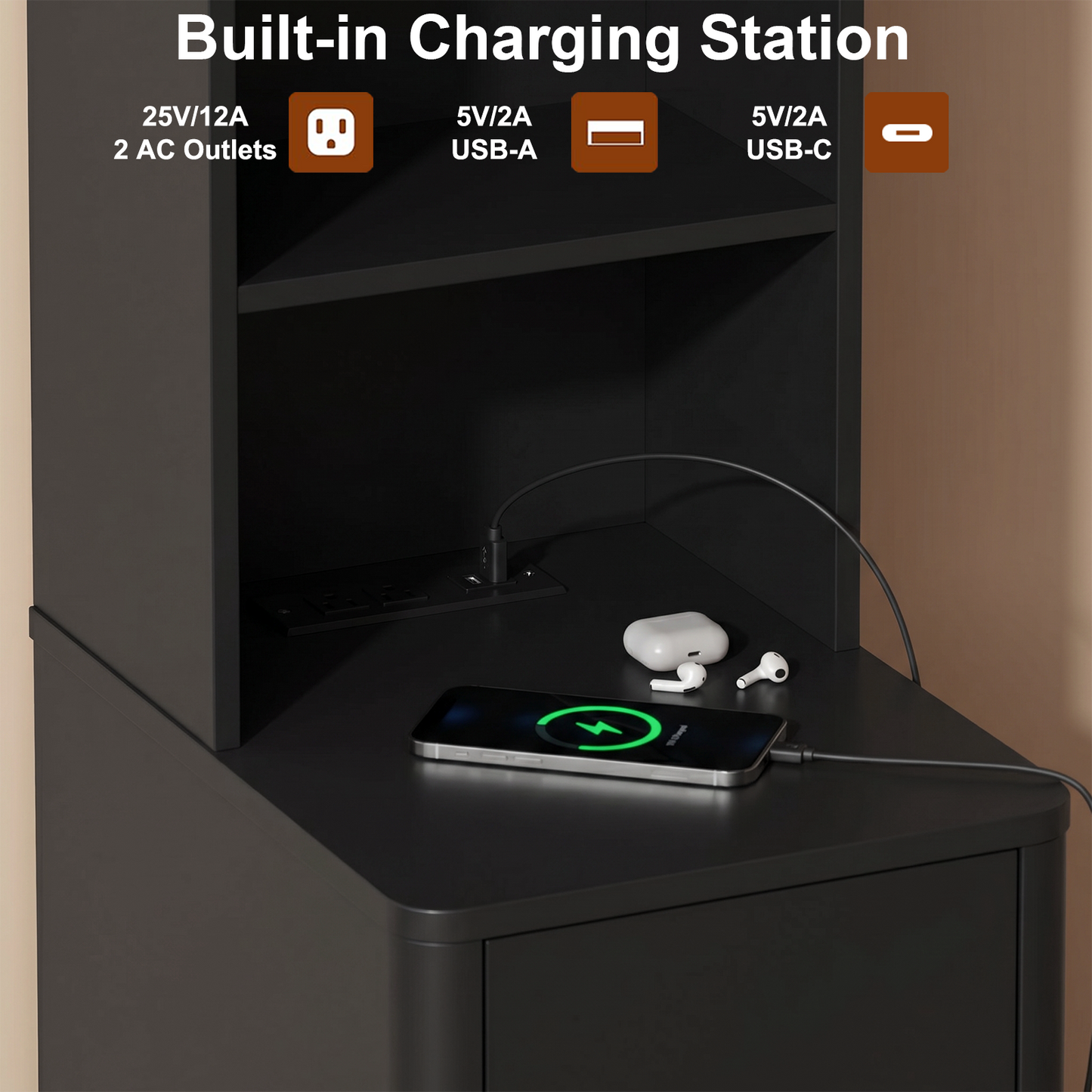 Tall Nightstand with Charging Station,Modern End Bedside Table for Bedroom