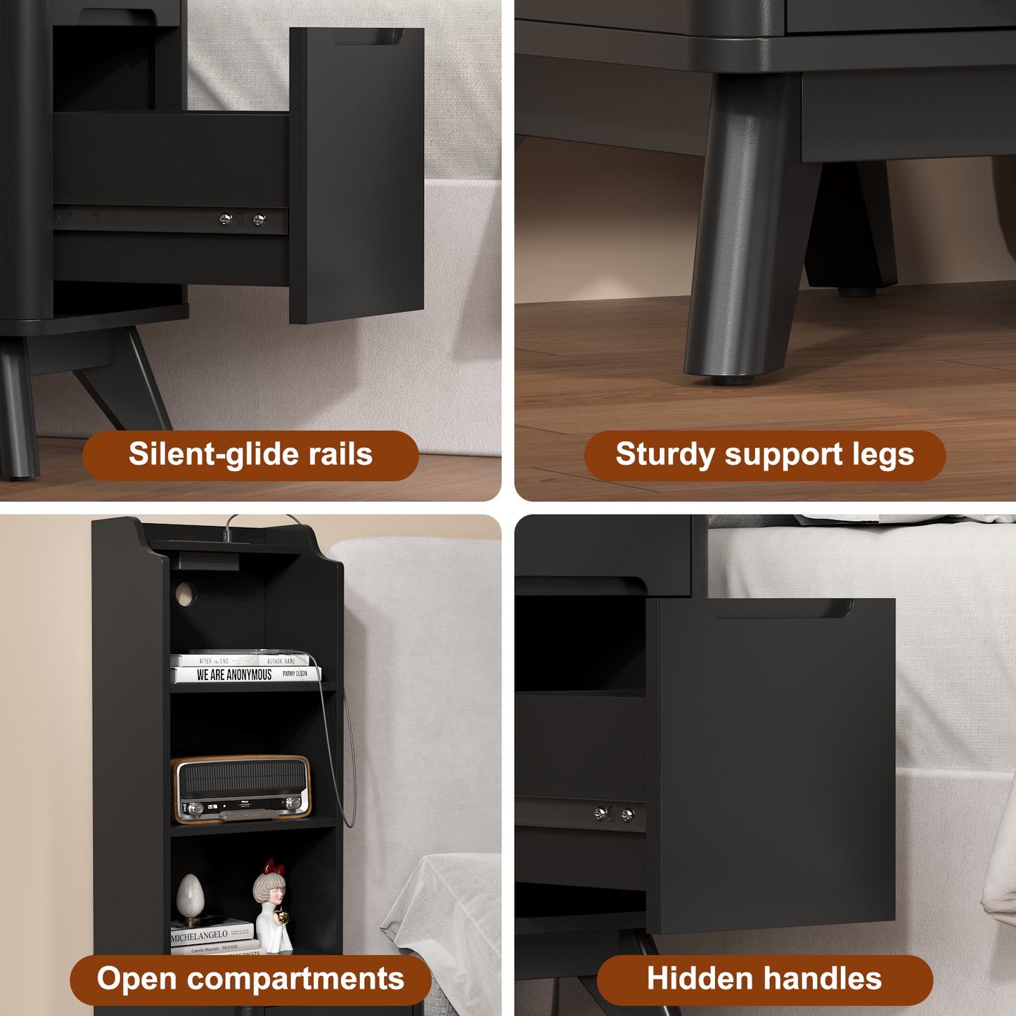 Tall Nightstand with Charging Station,Modern End Bedside Table for Bedroom