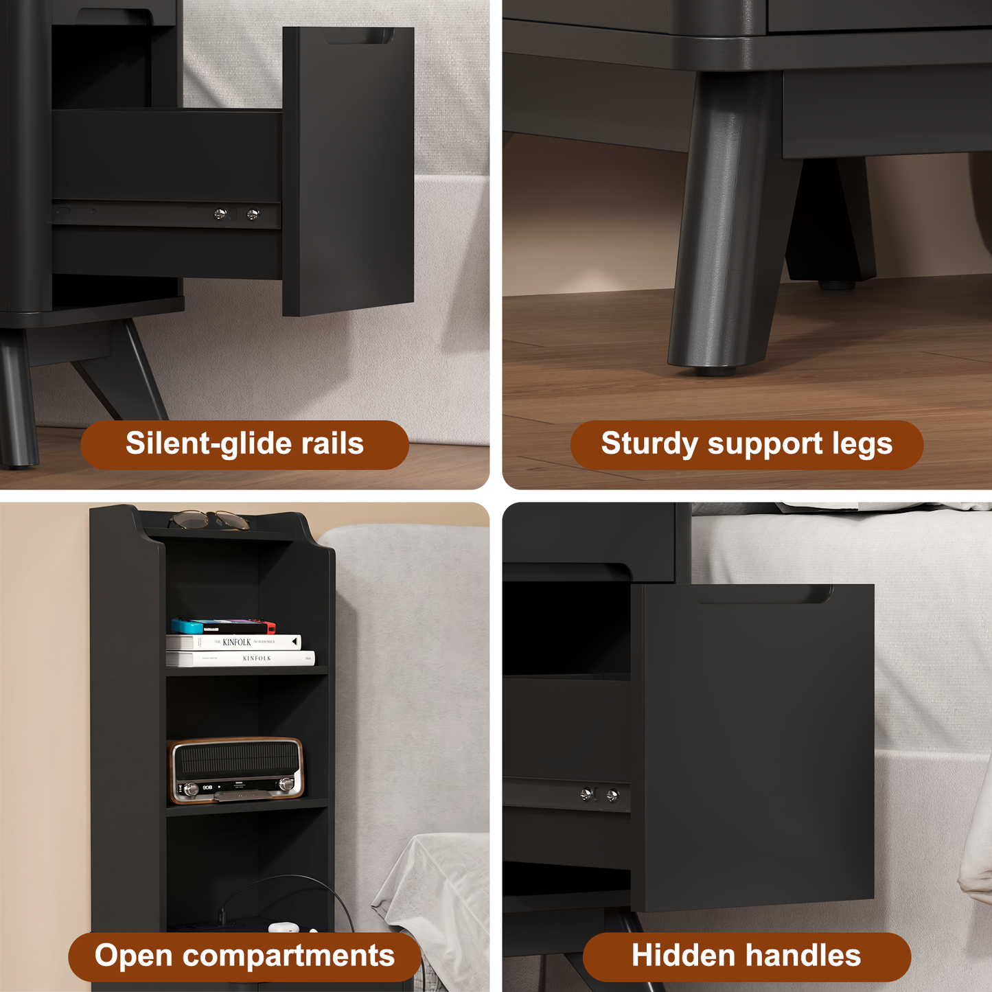 Tall Nightstand with Charging Station,Modern End Bedside Table for Bedroom