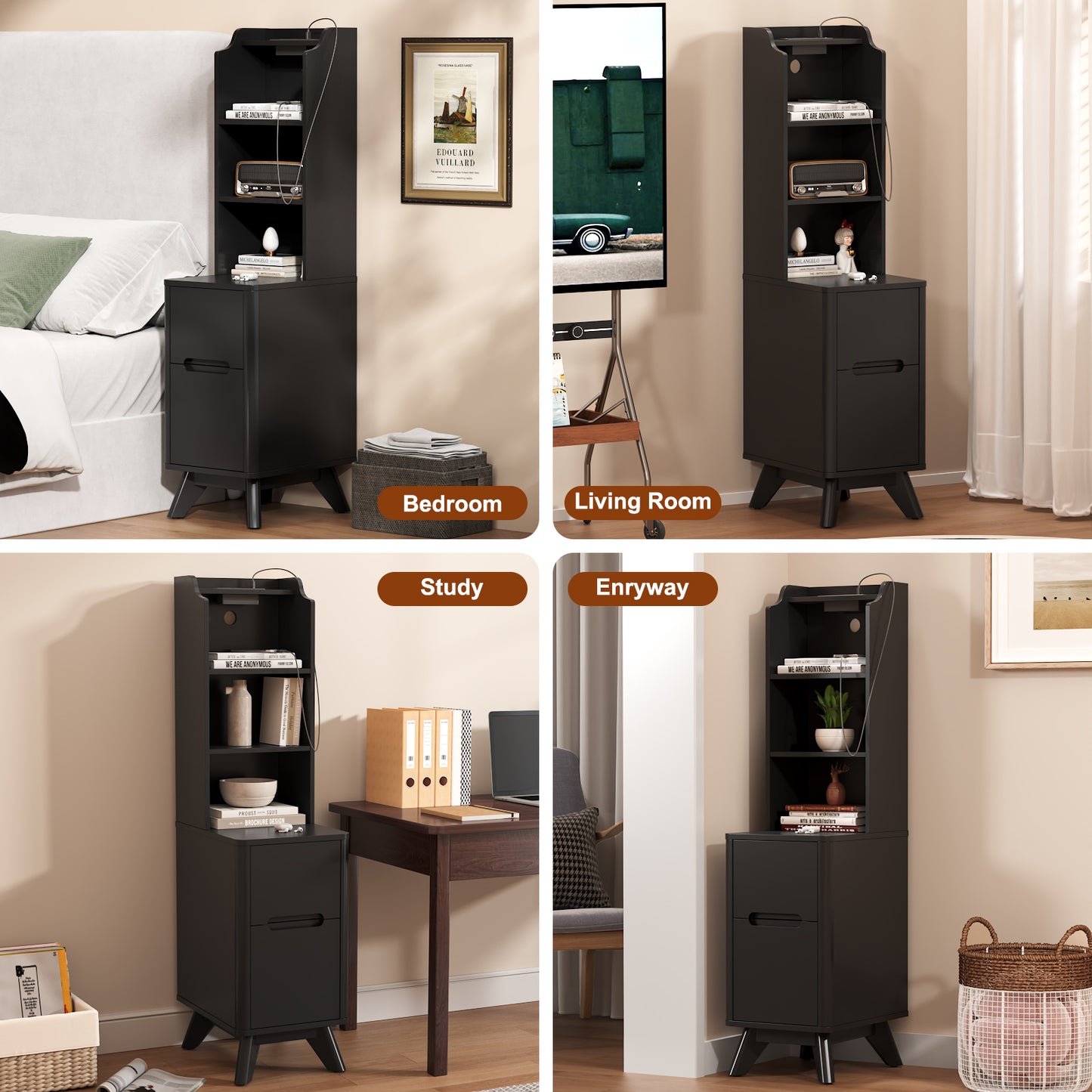 Tall Nightstand with Charging Station,Modern End Bedside Table for Bedroom