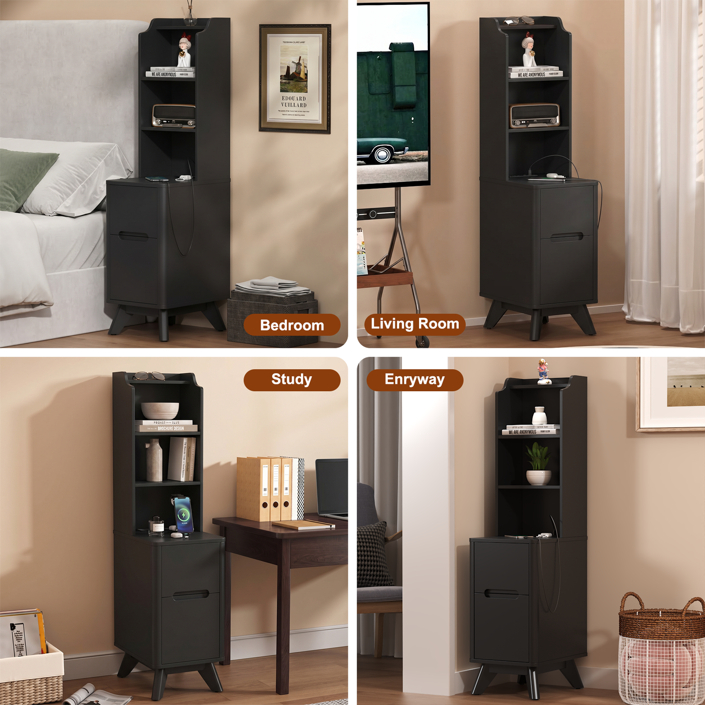 Tall Nightstand with Charging Station,Modern End Bedside Table for Bedroom