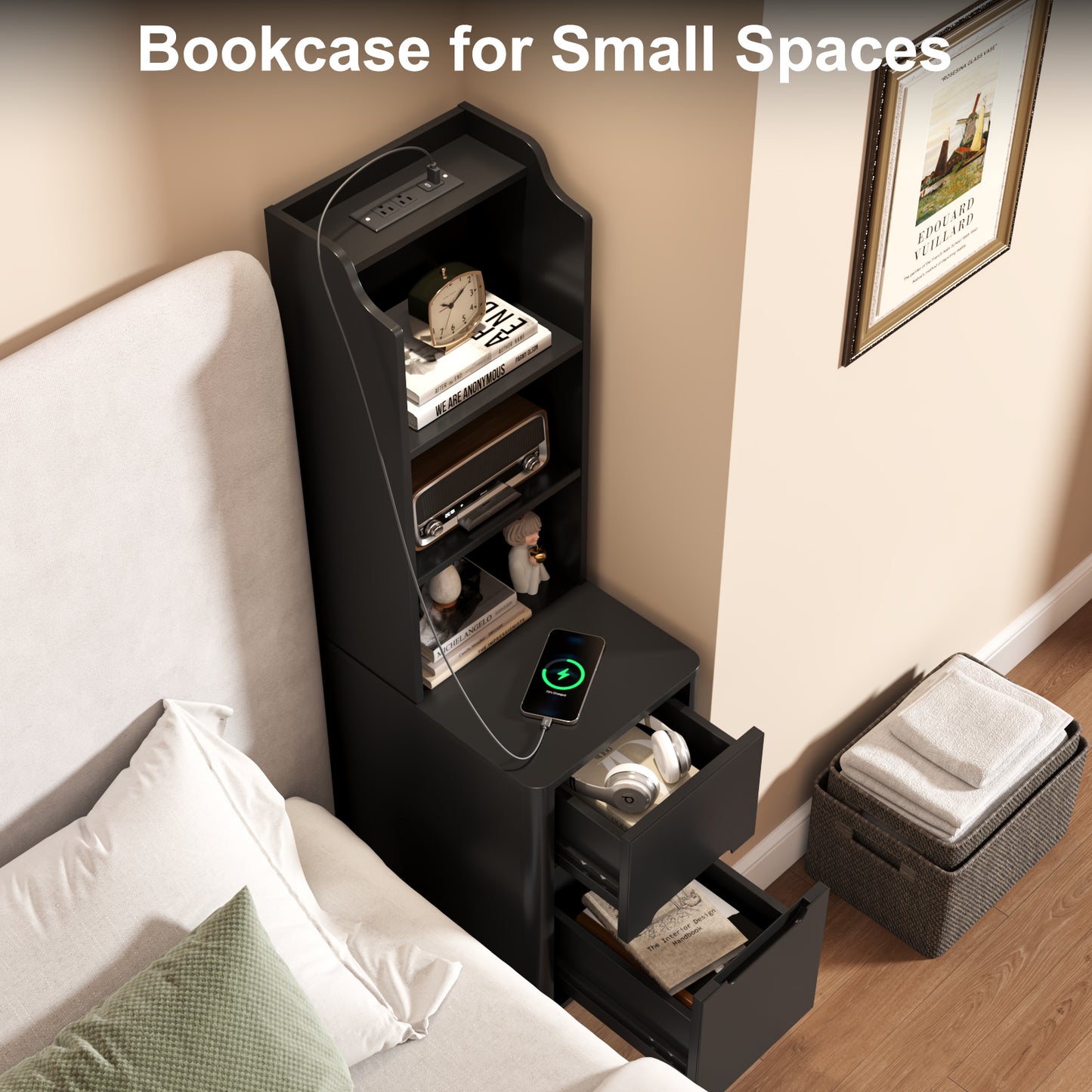 Tall Nightstand with Charging Station,Modern End Bedside Table for Bedroom