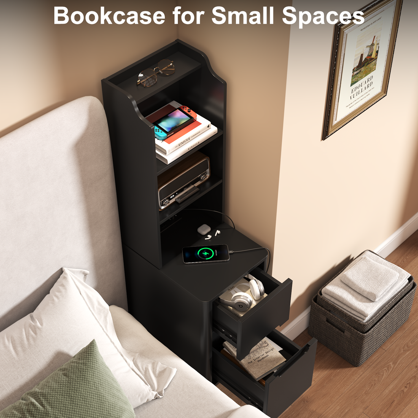 Tall Nightstand with Charging Station,Modern End Bedside Table for Bedroom