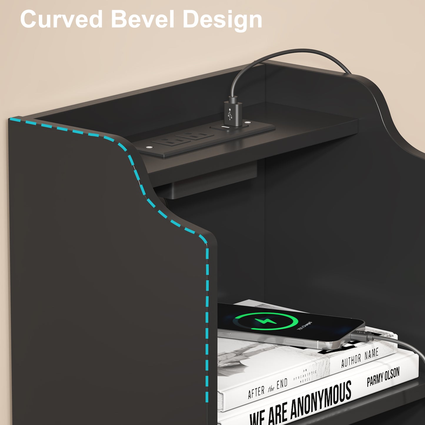 Tall Nightstand with Charging Station,Modern End Bedside Table for Bedroom