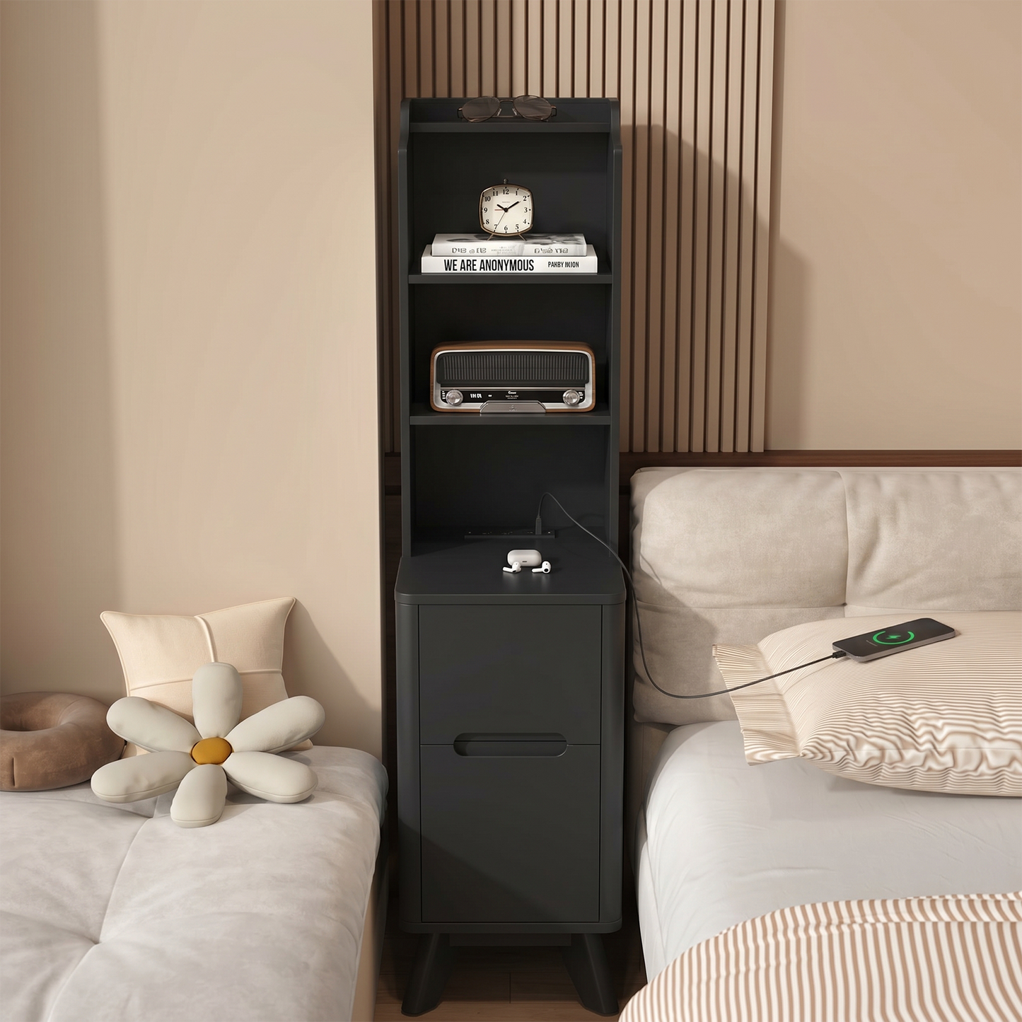 Tall Nightstand with Charging Station,Modern End Bedside Table for Bedroom