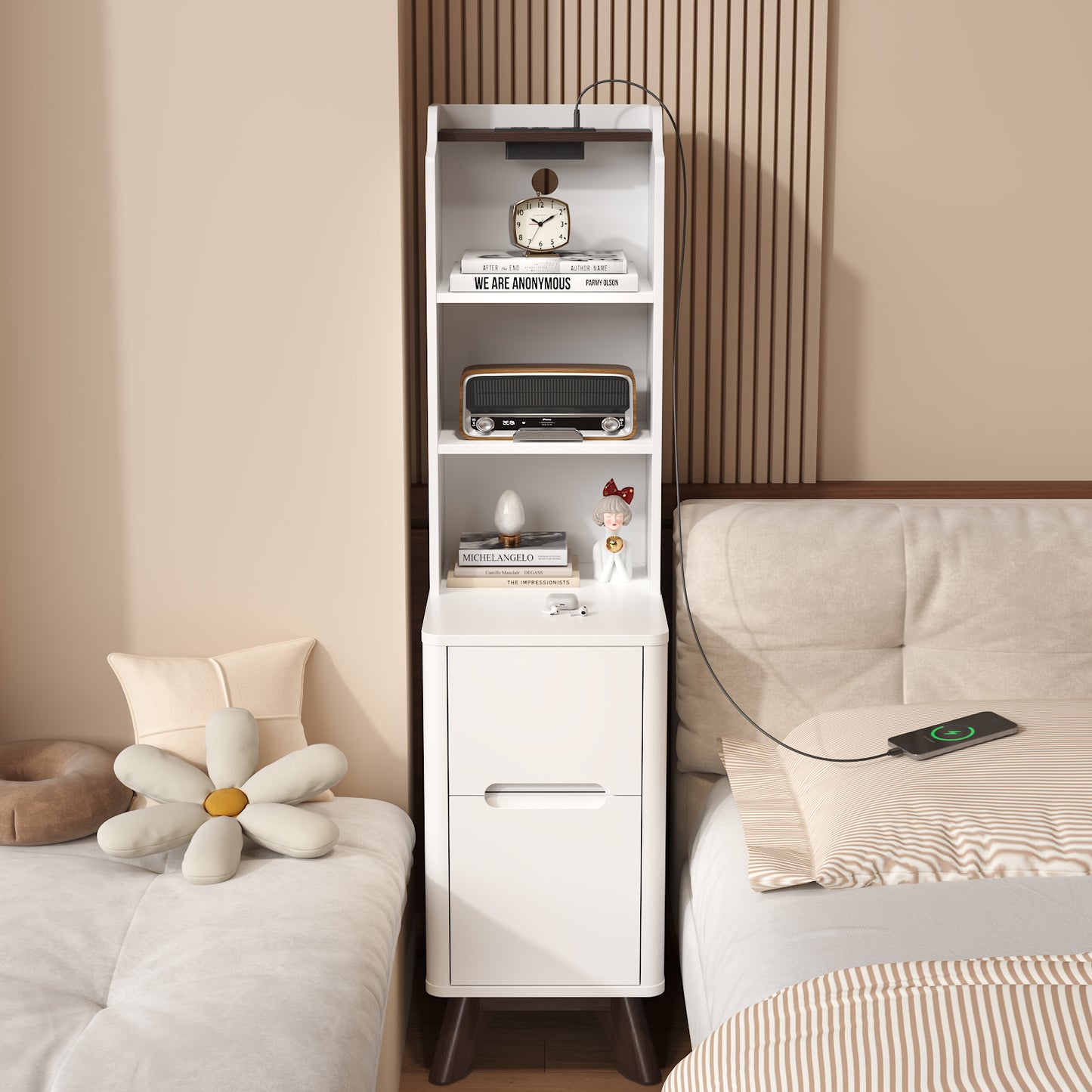 Tall Nightstand with Charging Station,Modern End Bedside Table for Bedroom