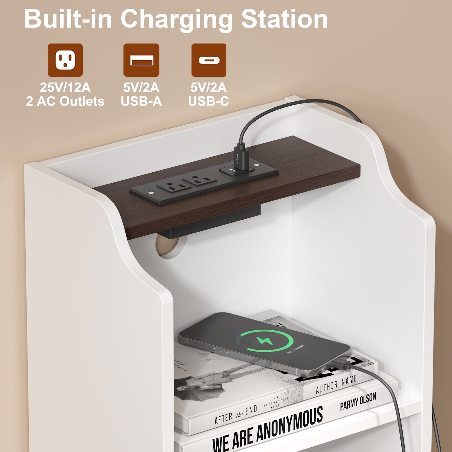 Tall Nightstand with Charging Station,Modern End Bedside Table for Bedroom