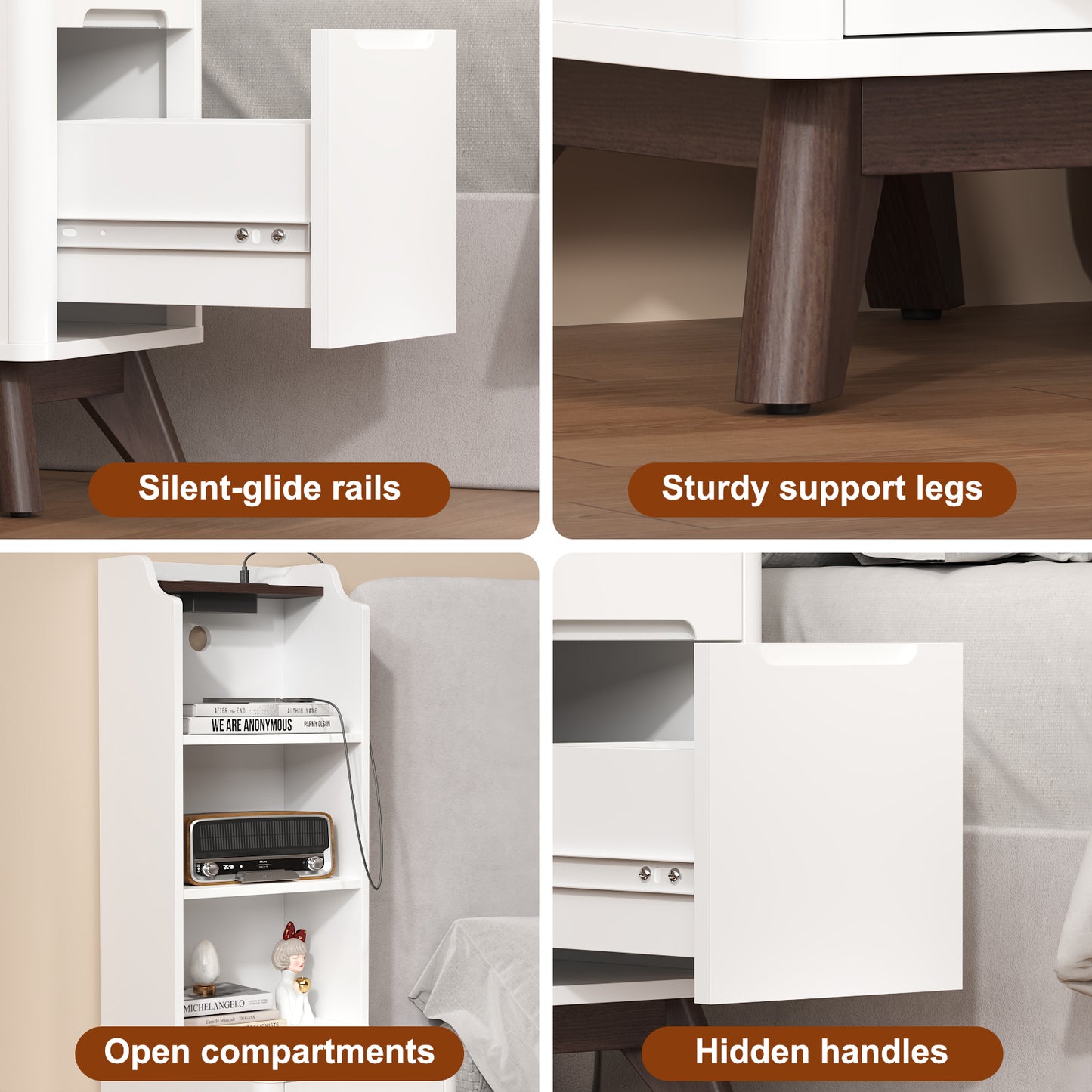 Tall Nightstand with Charging Station,Modern End Bedside Table for Bedroom