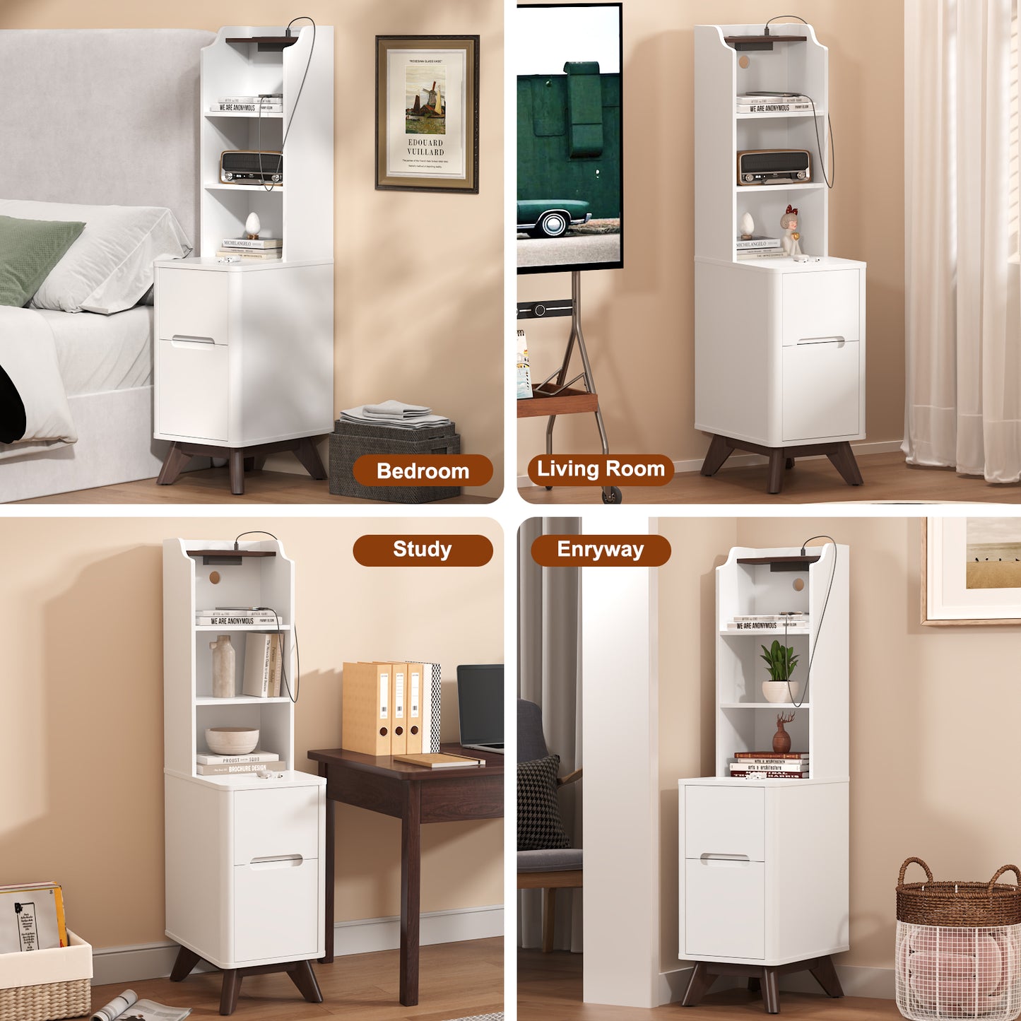 Tall Nightstand with Charging Station,Modern End Bedside Table for Bedroom