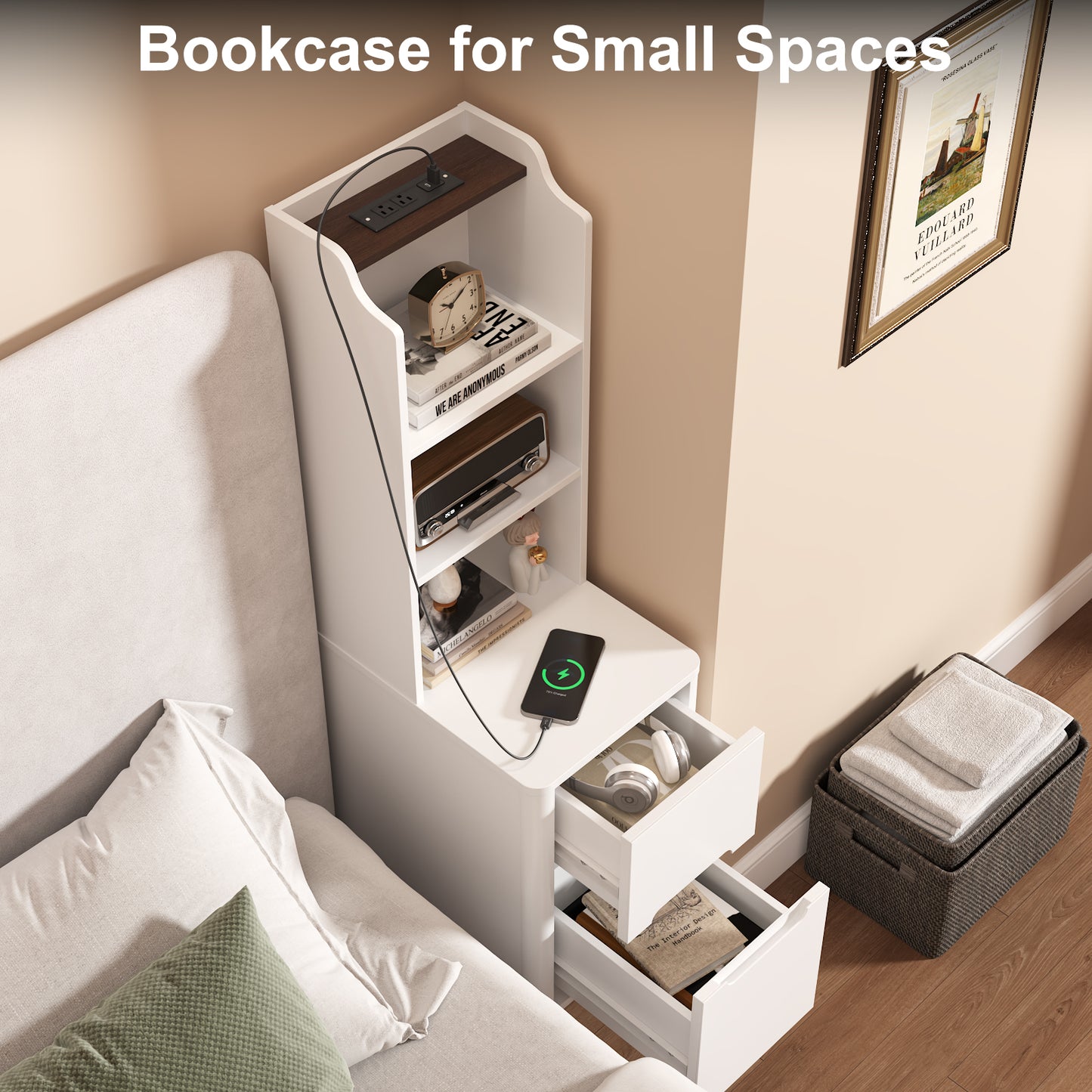 Tall Nightstand with Charging Station,Modern End Bedside Table for Bedroom