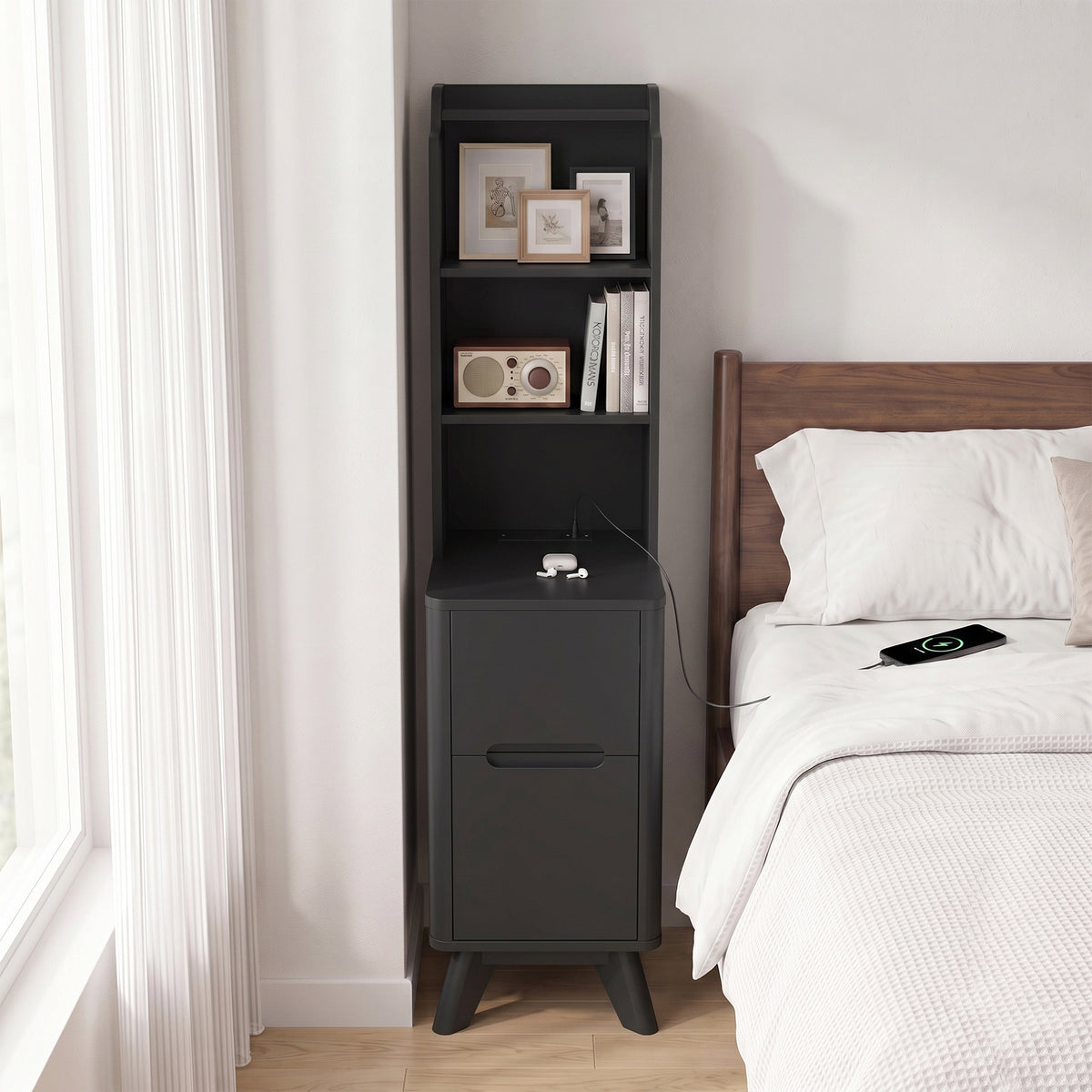 Tall Nightstand with Charging Station,Modern End Bedside Table for Bedroom