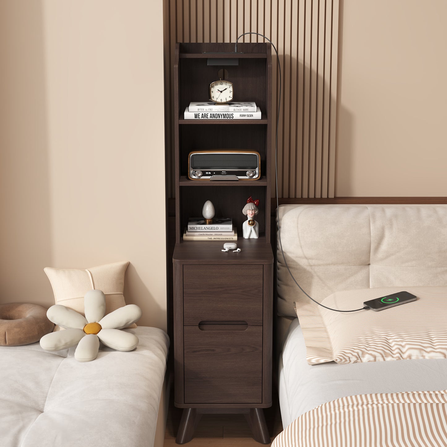 Tall Nightstand with Charging Station,Modern End Bedside Table for Bedroom