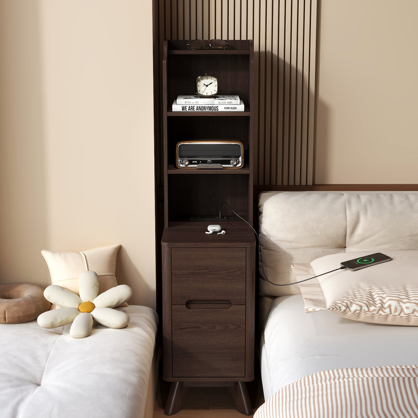 Tall Nightstand with Charging Station,Modern End Bedside Table for Bedroom
