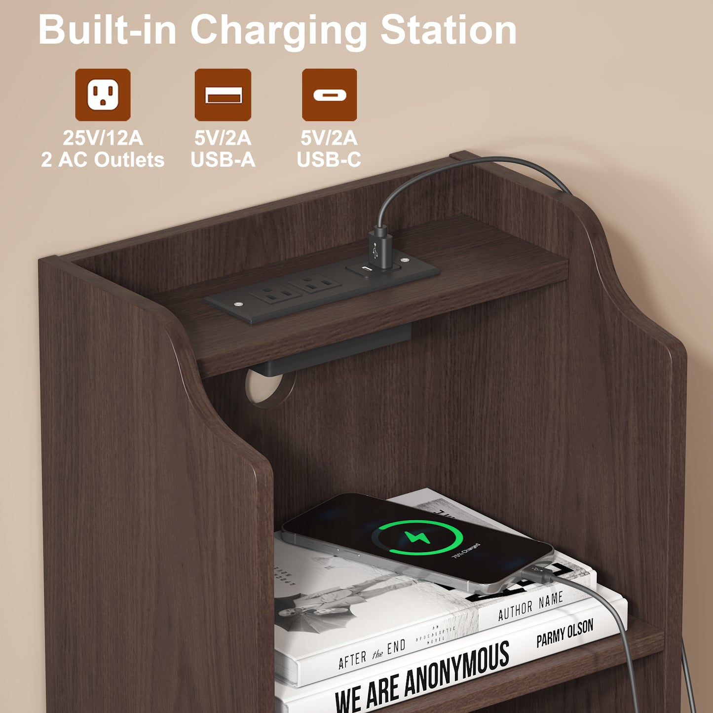 Tall Nightstand with Charging Station,Modern End Bedside Table for Bedroom