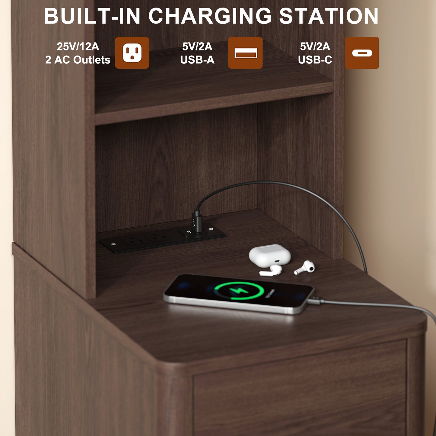 Tall Nightstand with Charging Station,Modern End Bedside Table for Bedroom
