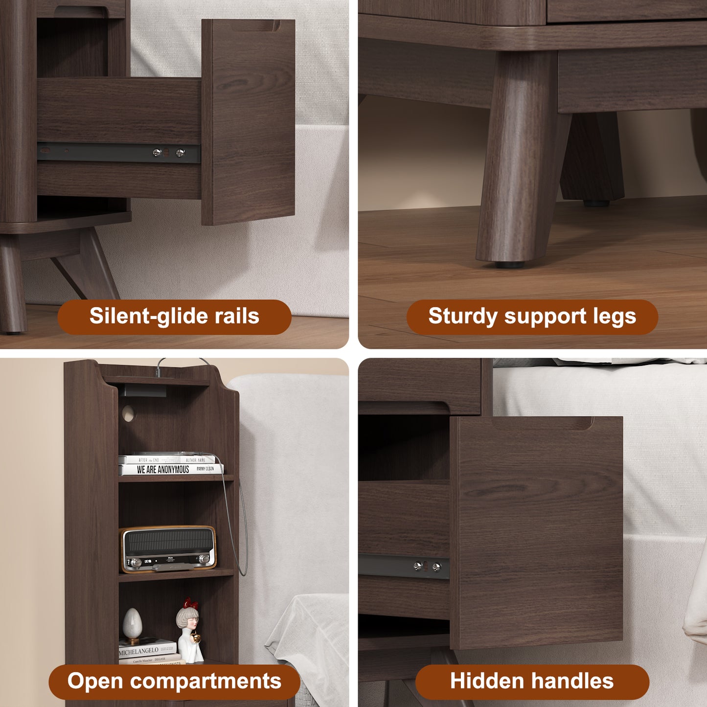 Tall Nightstand with Charging Station,Modern End Bedside Table for Bedroom