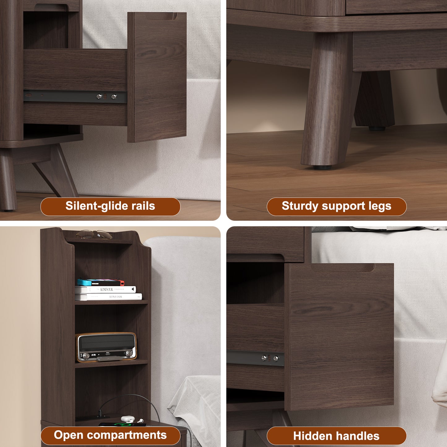 Tall Nightstand with Charging Station,Modern End Bedside Table for Bedroom