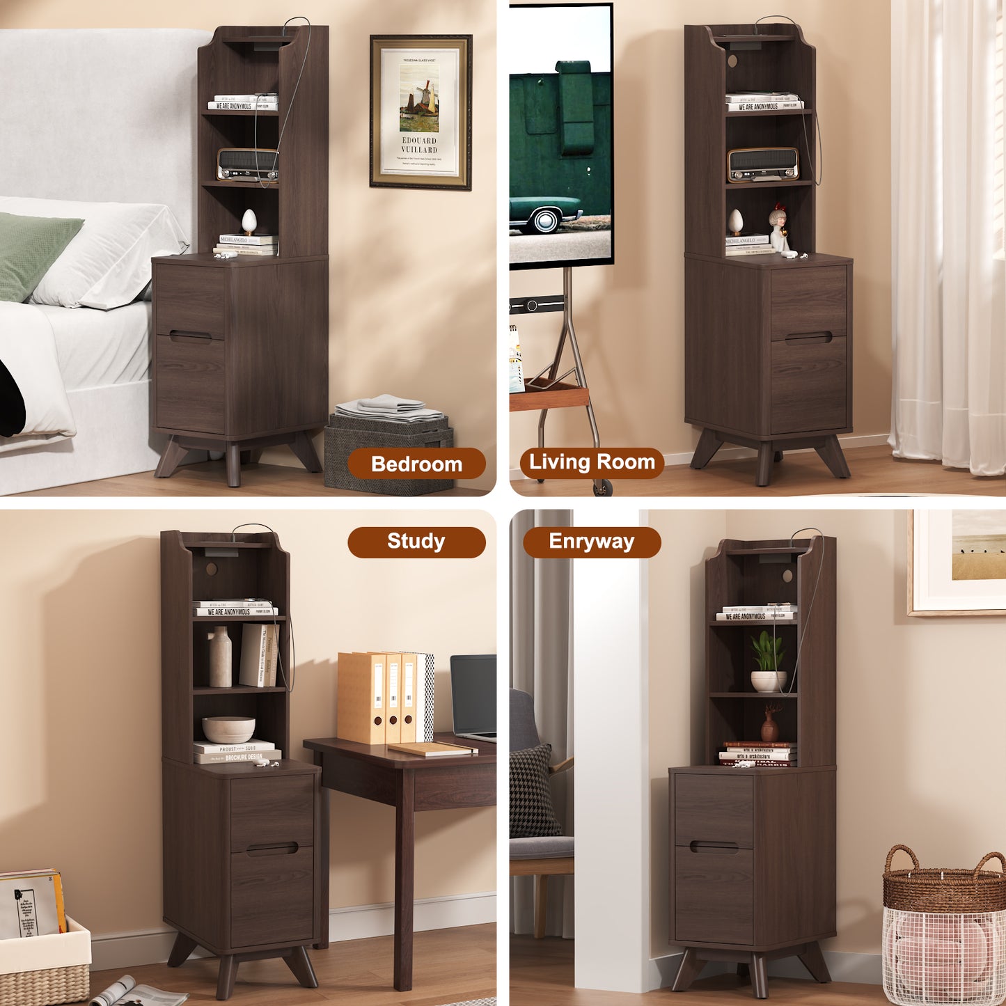 Tall Nightstand with Charging Station,Modern End Bedside Table for Bedroom