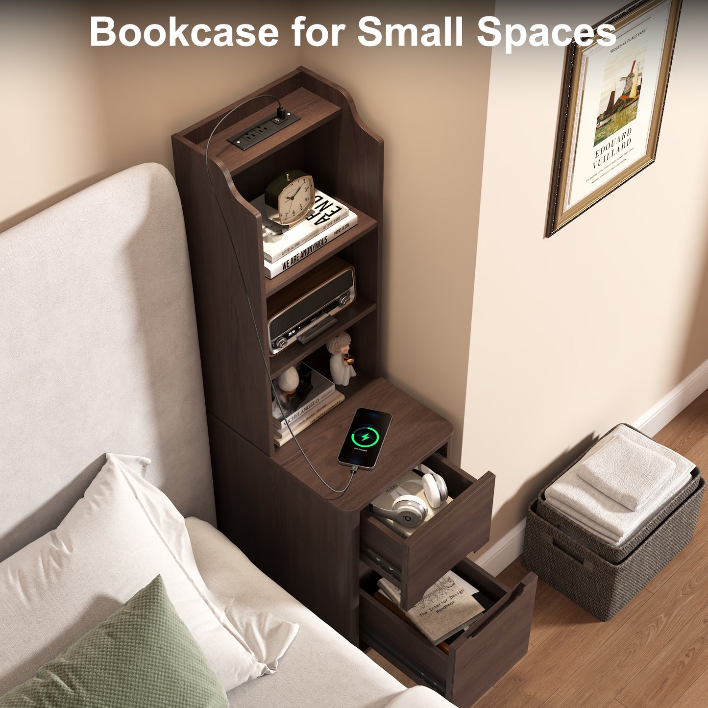 Tall Nightstand with Charging Station,Modern End Bedside Table for Bedroom
